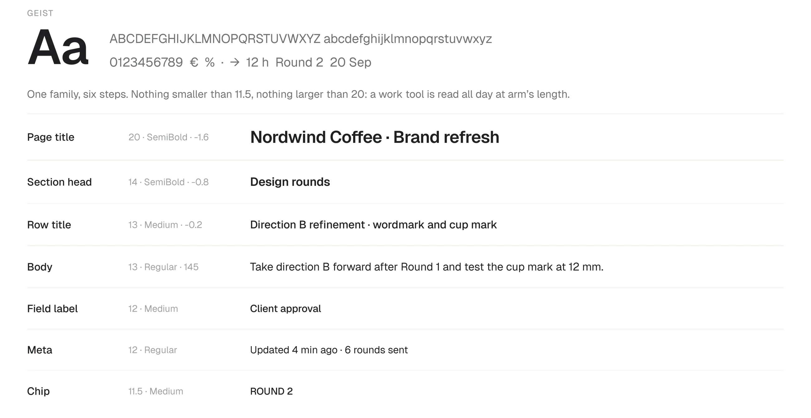 The Handoff type scale in Geist, from the twenty pixel page title to the eleven and a half pixel chip