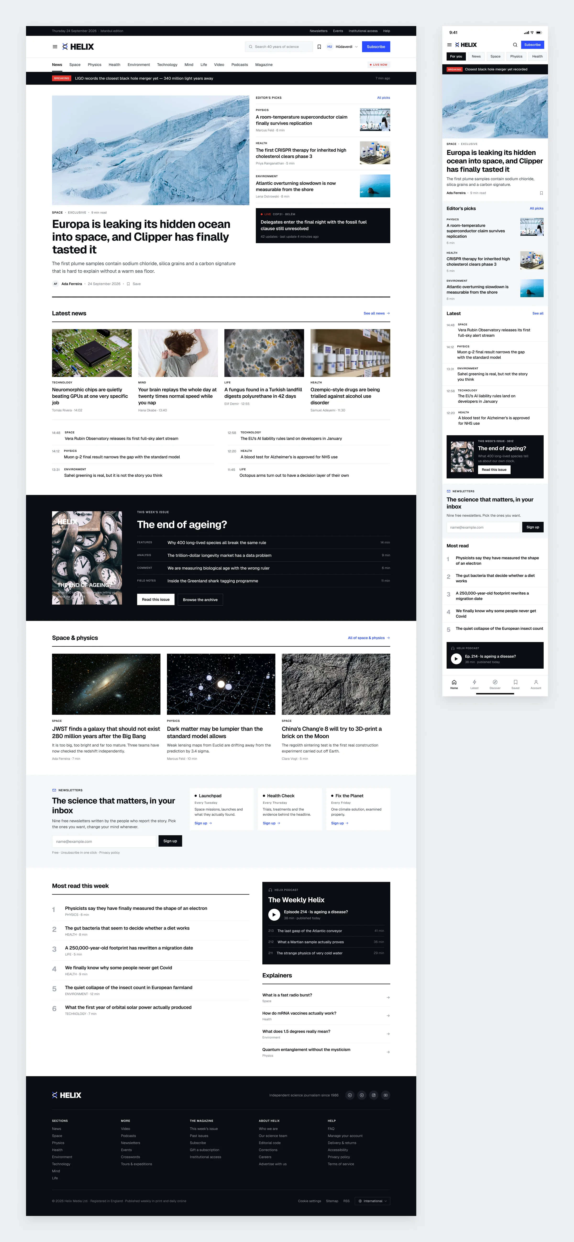 The Helix home page on desktop and mobile, with the Europa lead story, latest news and the magazine cover story
