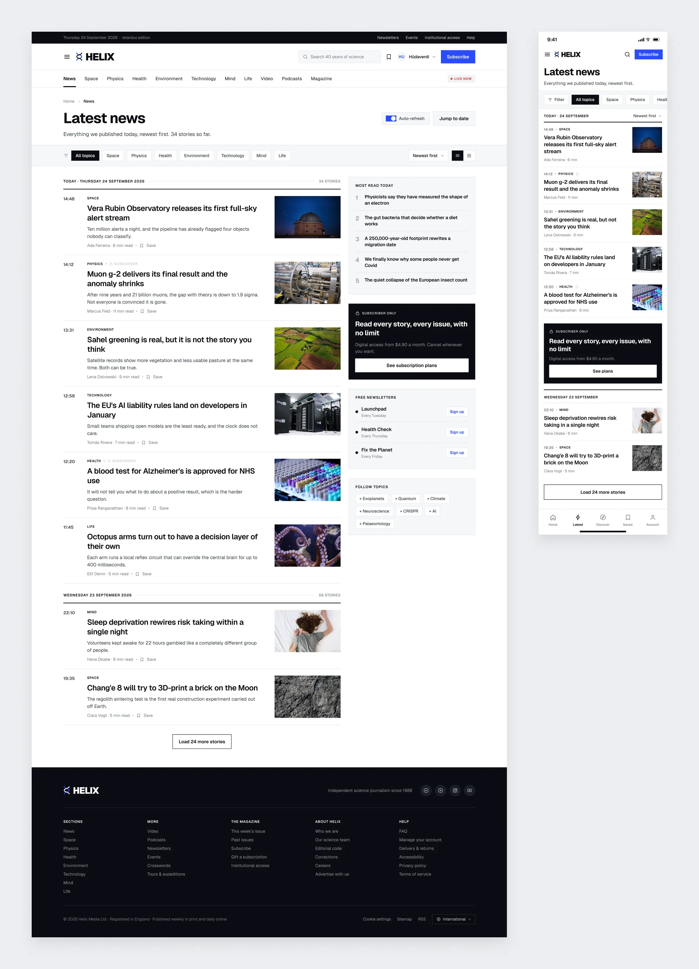 The Helix latest news timeline grouped by day, with topic filters and a most read column