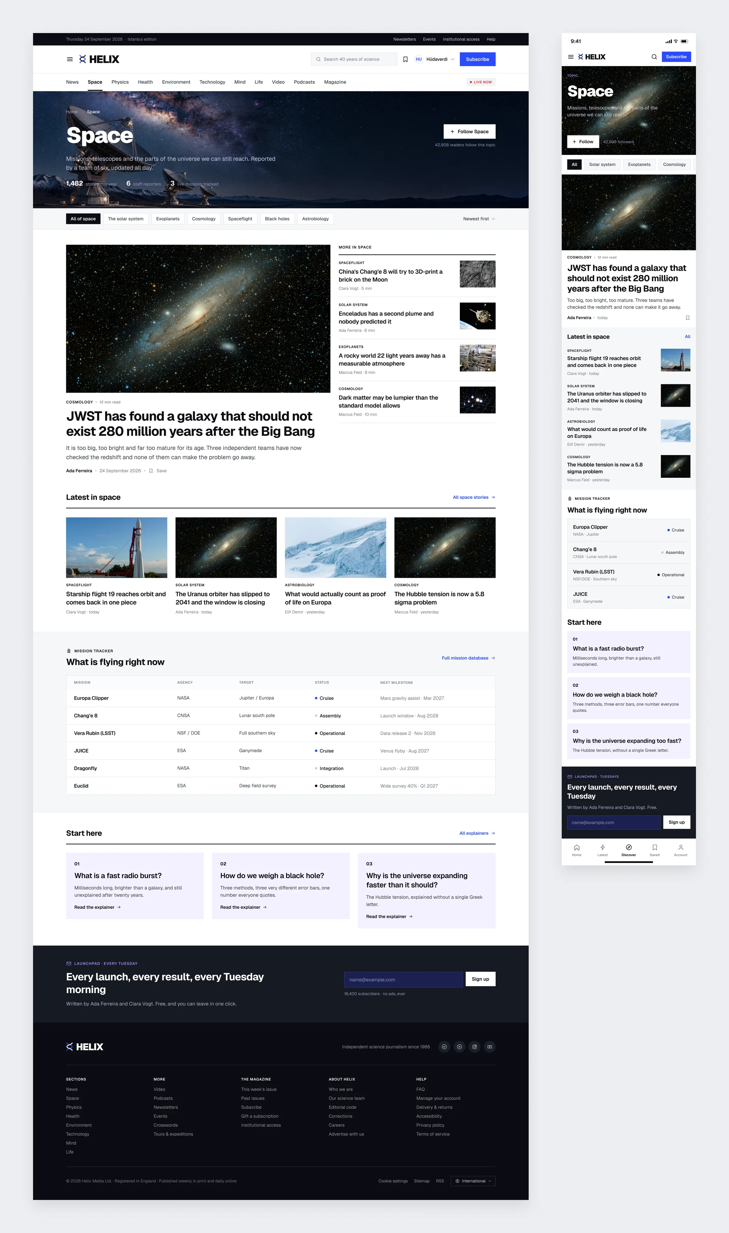 The Helix Space hub with a lead story, latest pieces, a mission tracker table and explainers