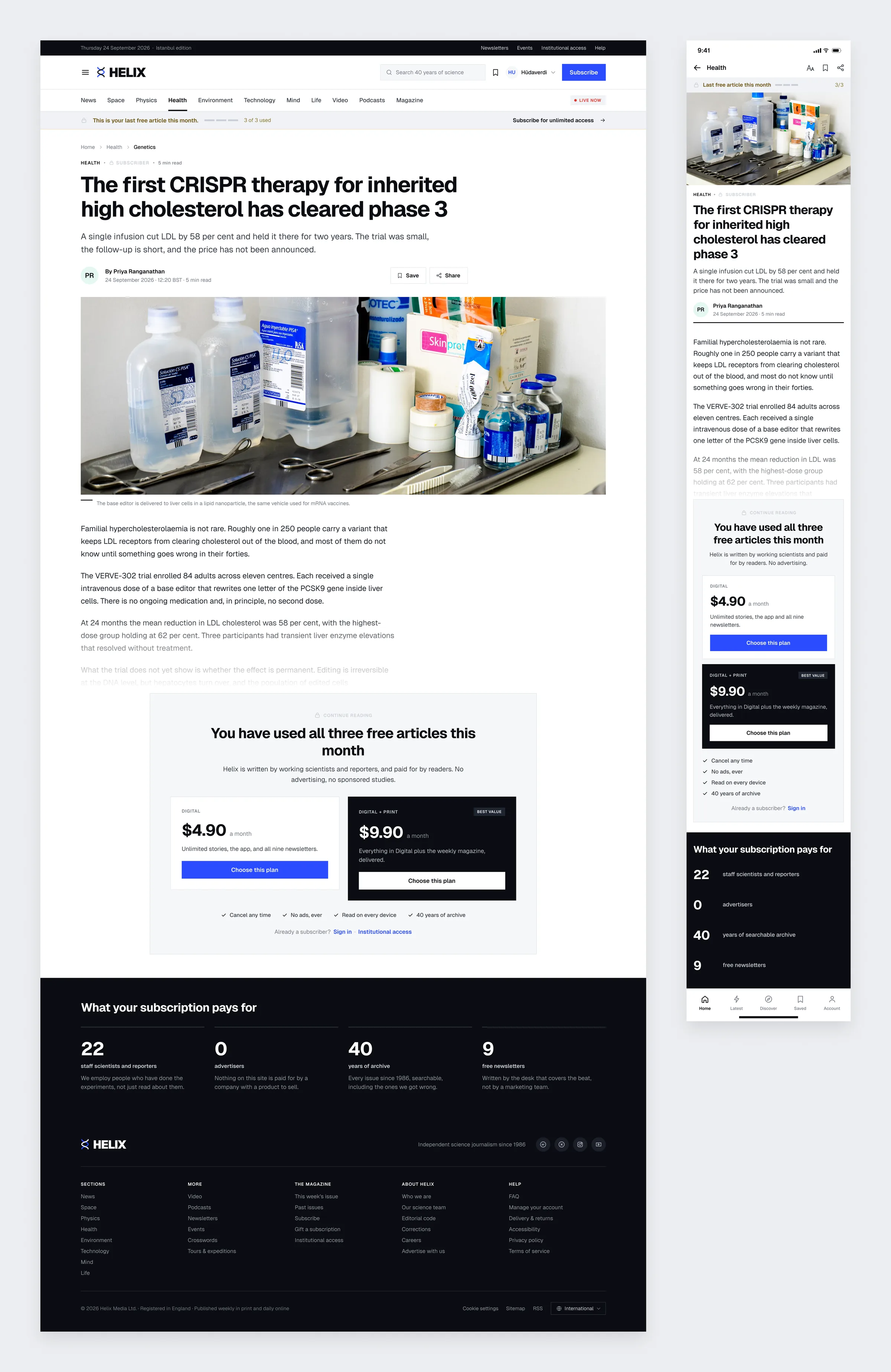 A Helix article behind the metered paywall, with two subscription plans in place of the story