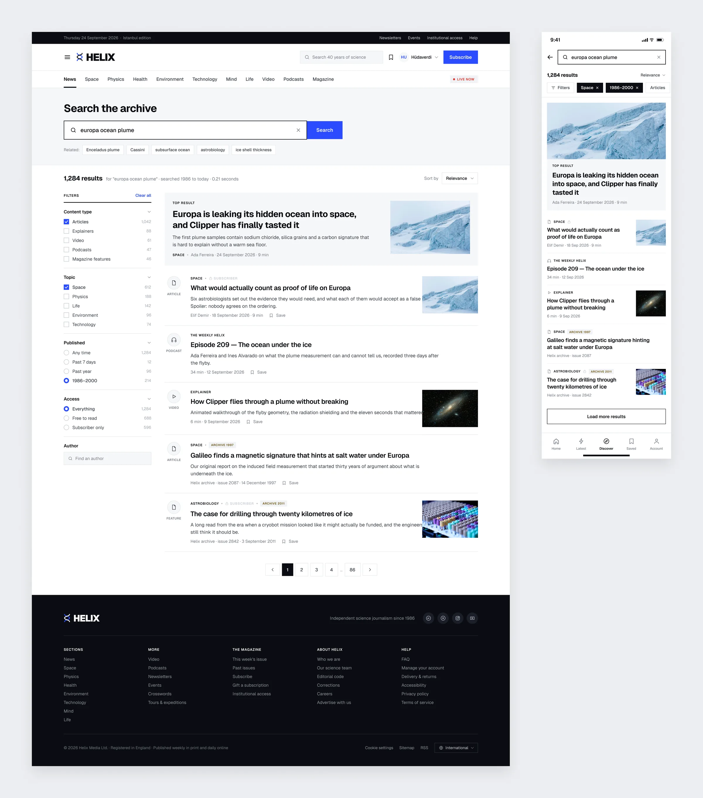 The Helix archive search with filters on the left and results tagged by year