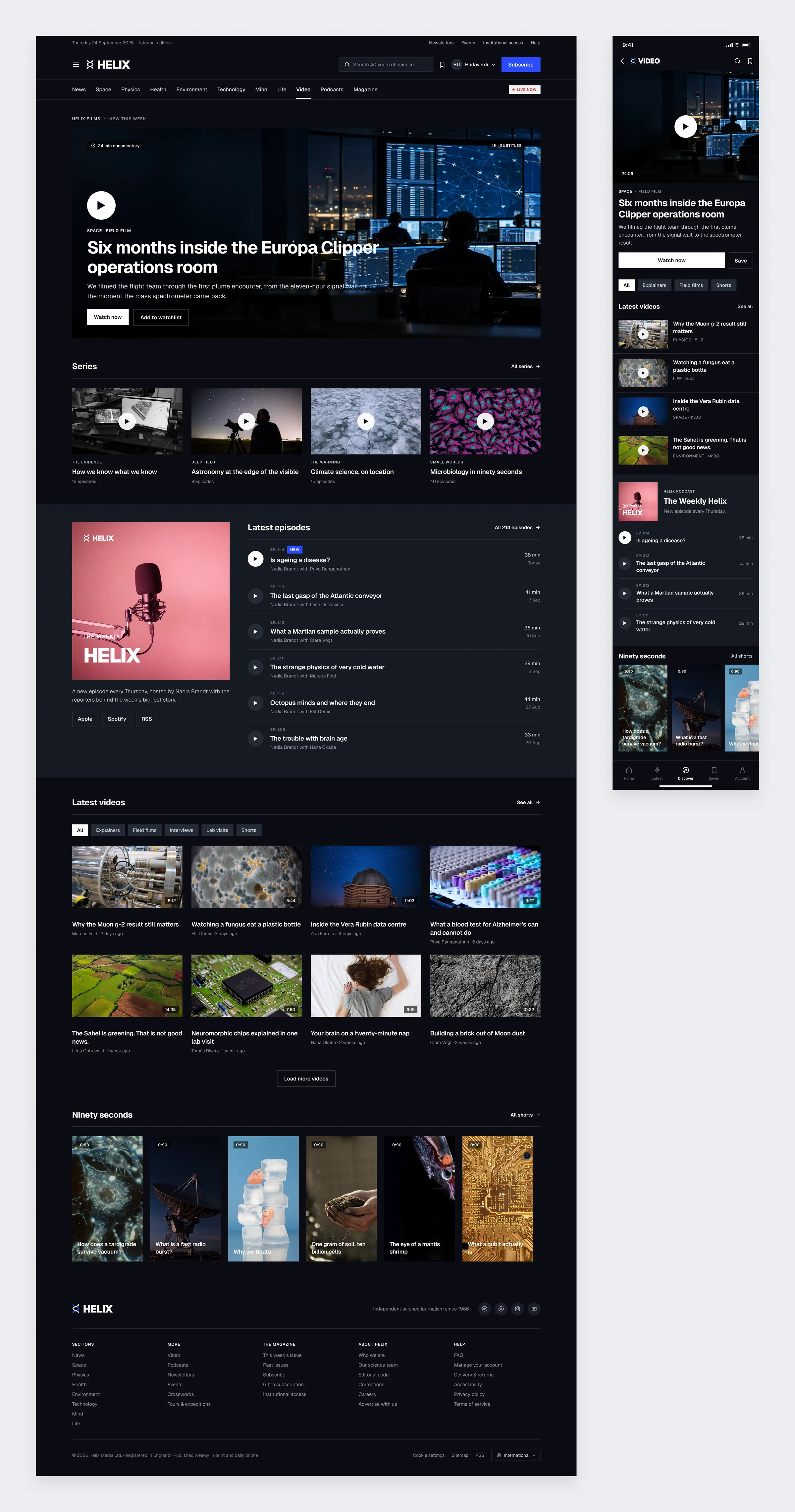 The dark Helix video and podcasts page with a documentary, series, podcast episodes and shorts