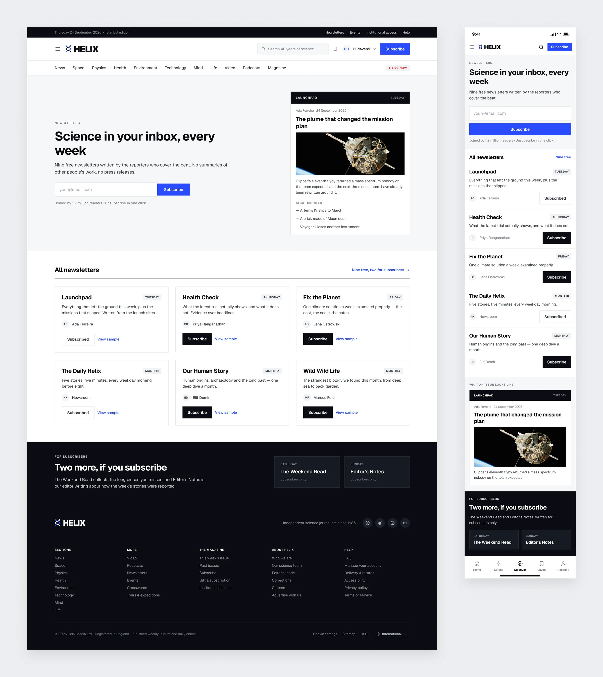 The Helix newsletters page listing nine free newsletters and two for subscribers