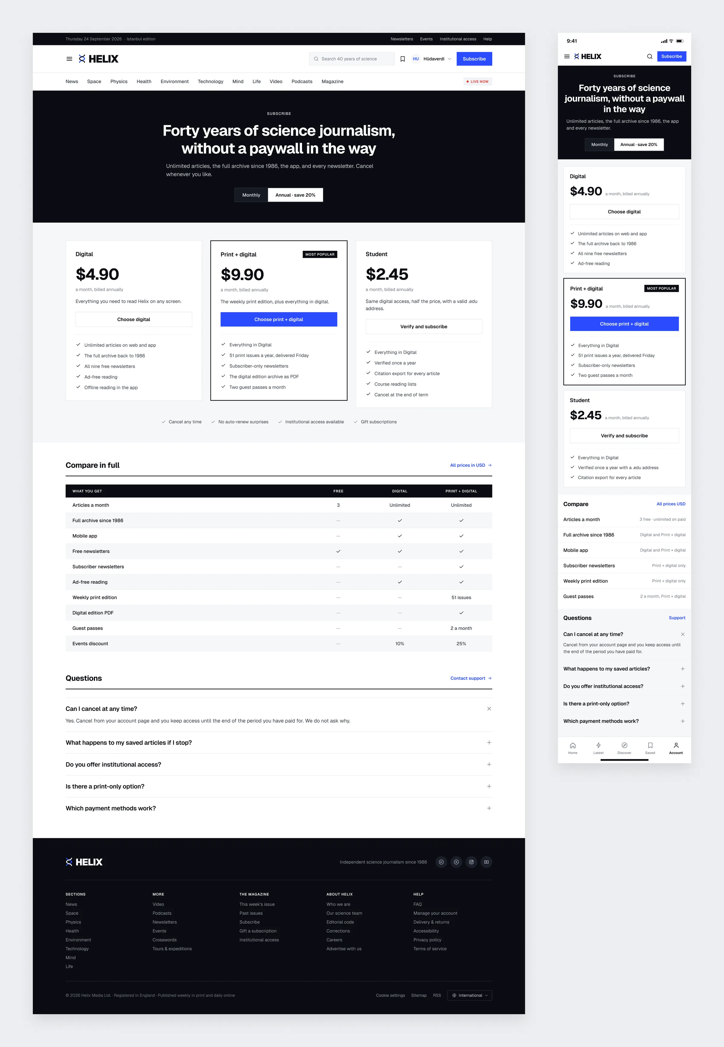 The Helix subscription page with three plans, a comparison table and common questions
