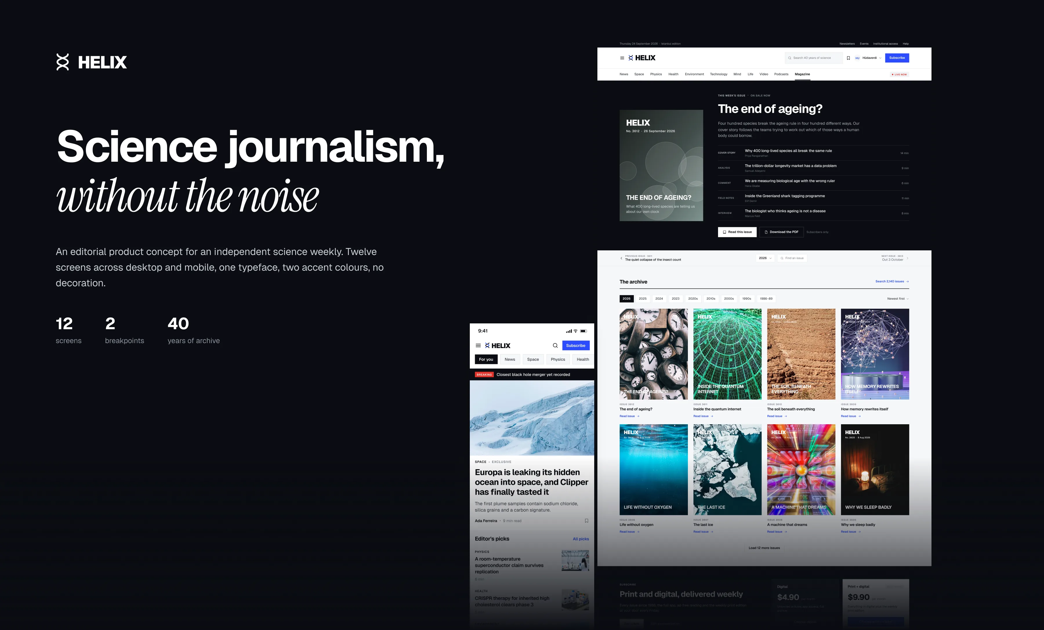 The Helix site on desktop and mobile, with the magazine archive and the Europa lead story