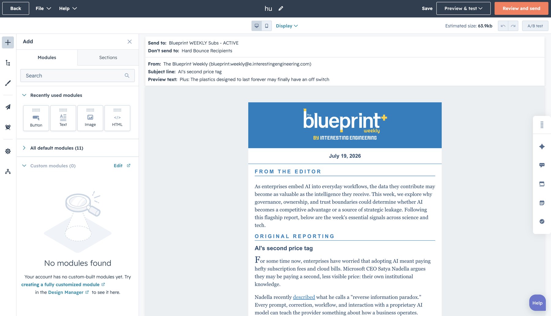 HubSpot's native email editor showing a newsletter being edited