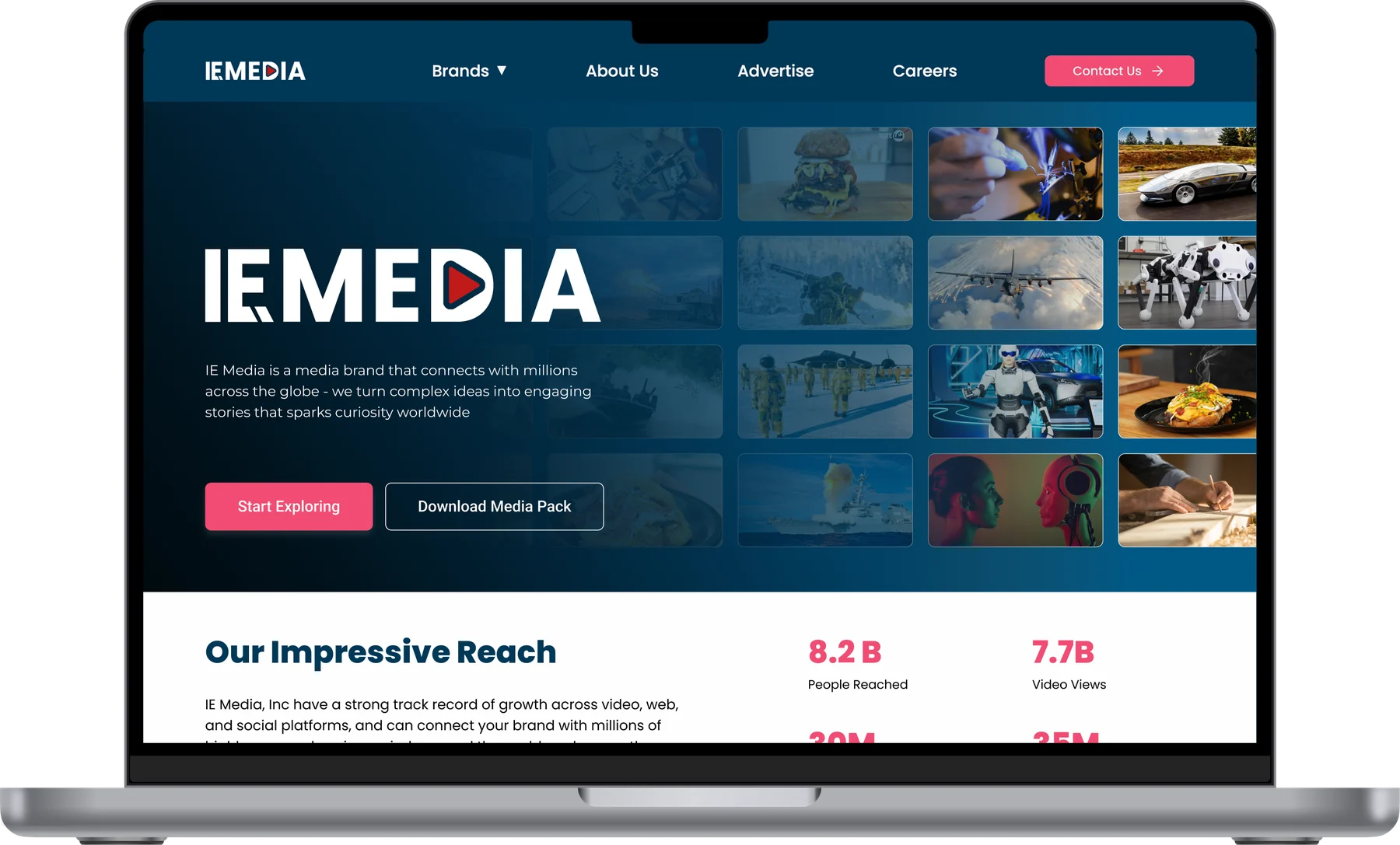 IE Media homepage shown on a MacBook mockup