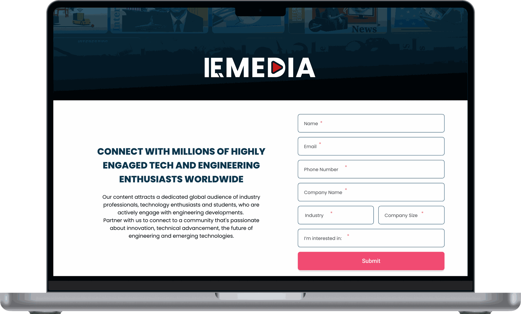 IE Media contact and lead generation form shown on a MacBook mockup