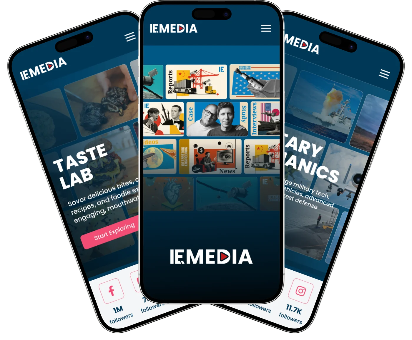 IE Media brands shown across three mobile mockups