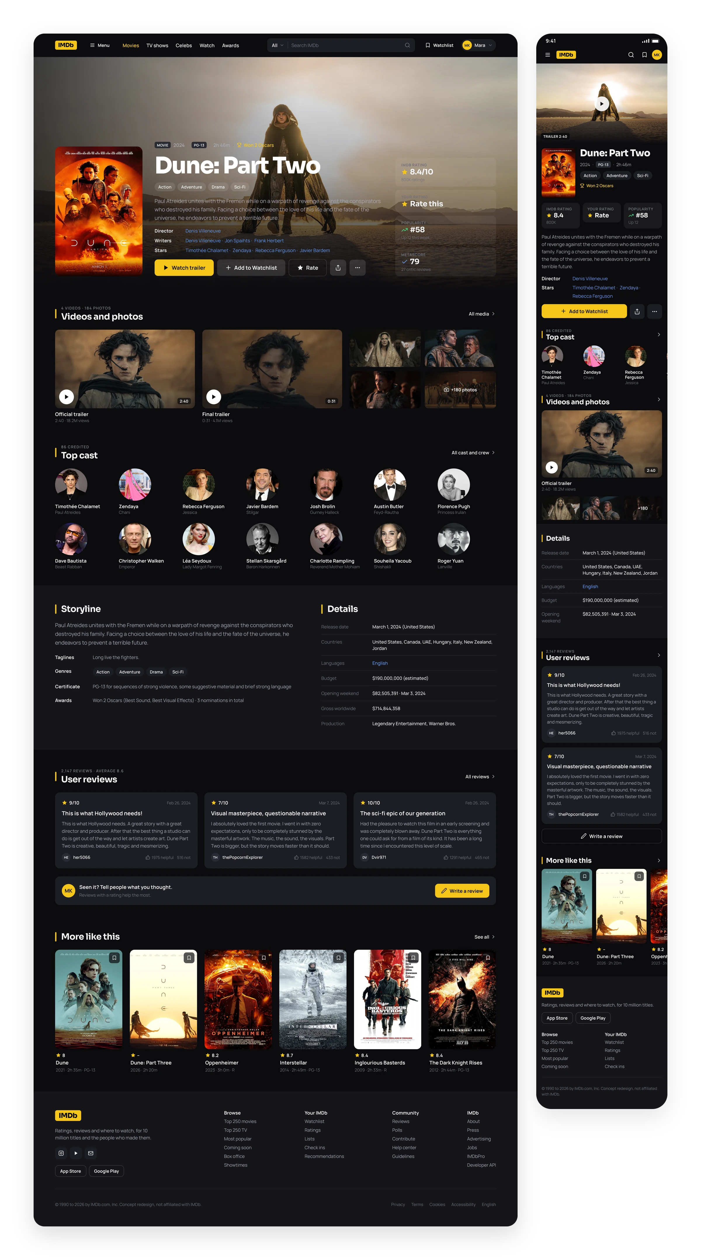 Dune: Part Two film sayfası: afiş, IMDb puanı, fotoğraflı oyuncu listesi, fotoğraf galerisinin yanında fragmanlar ve yorumlar