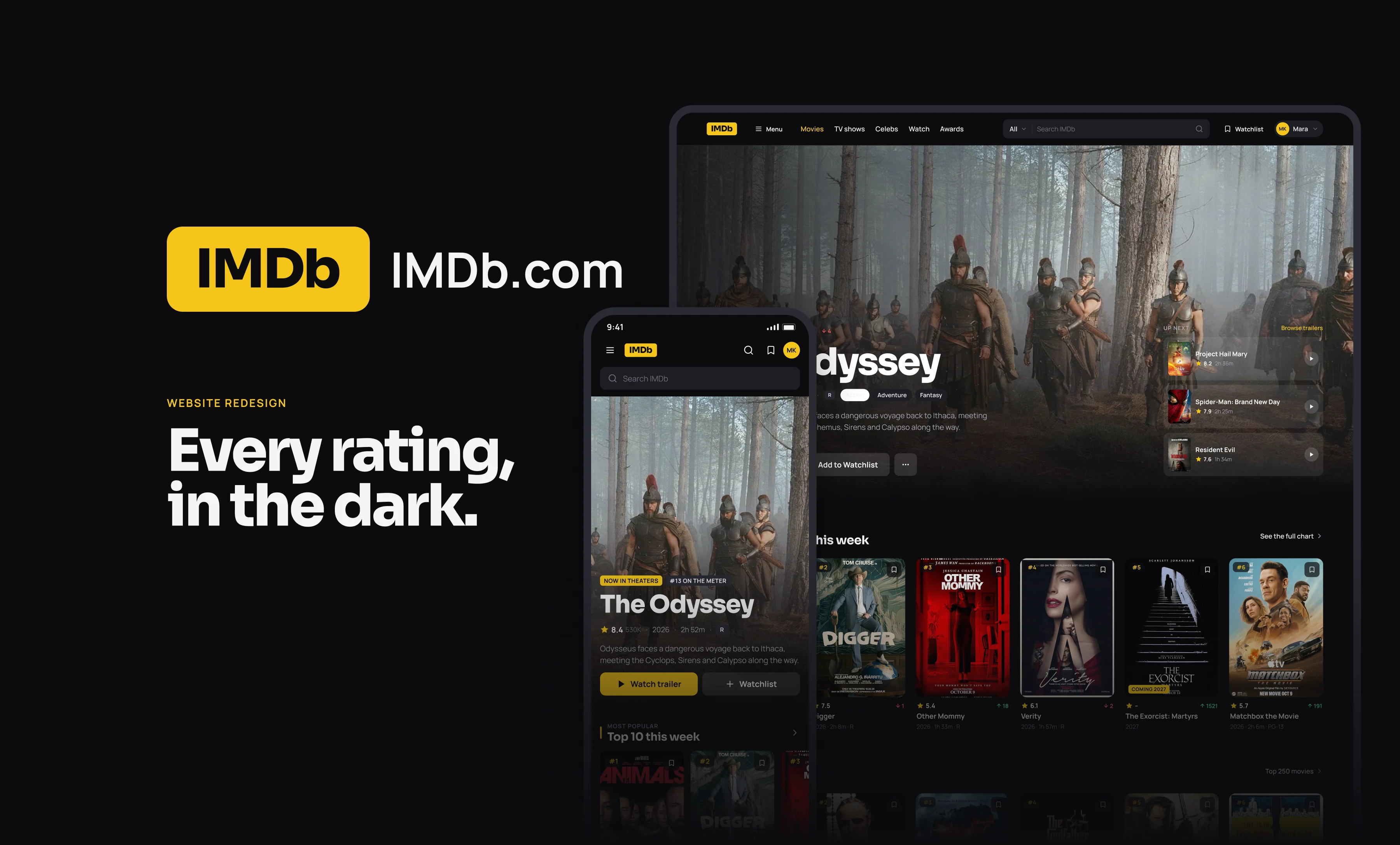 IMDb.com yeniden tasarımının telefonda ve masaüstünde açık yeni karanlık ana sayfası