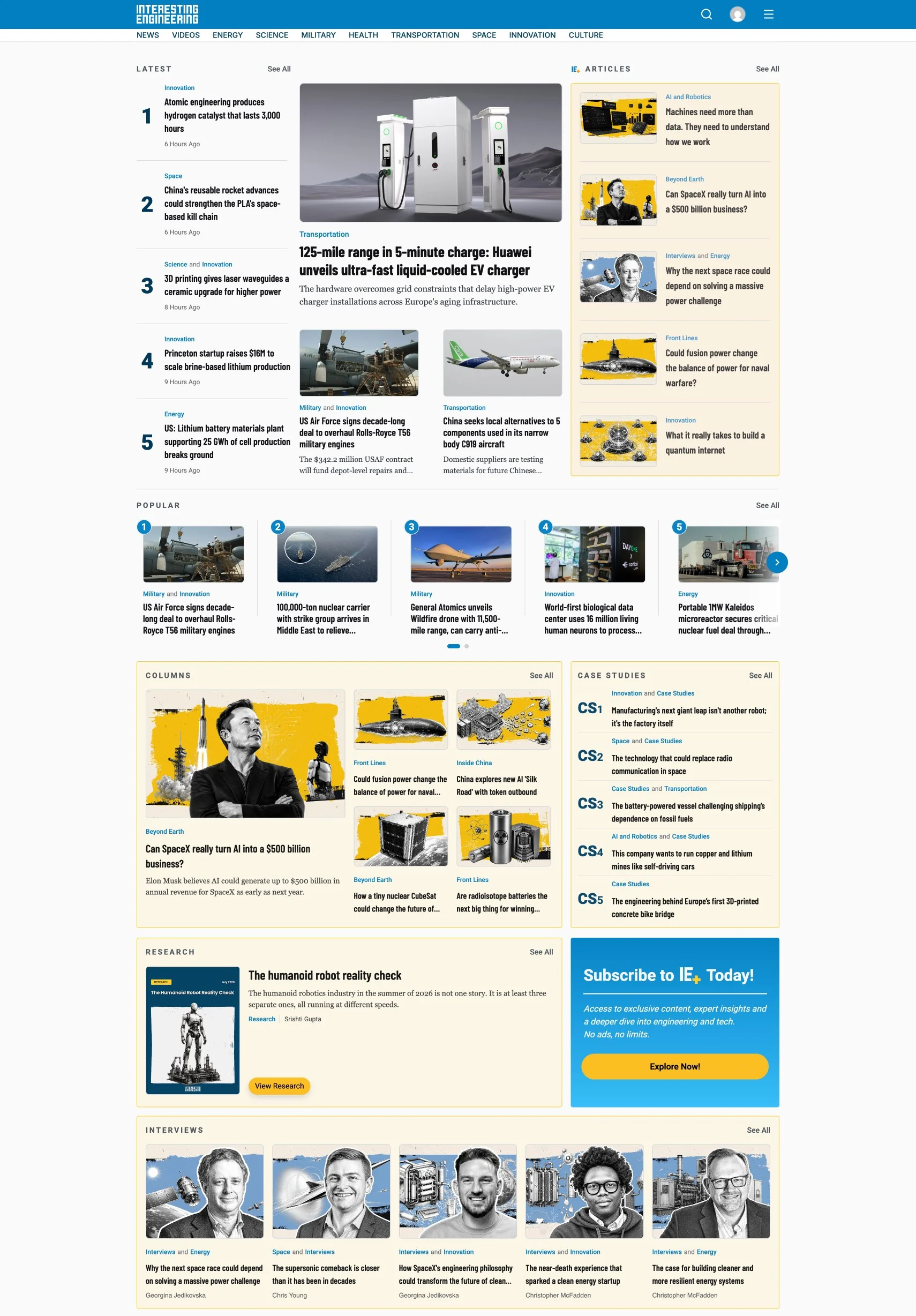 Interesting Engineering homepage layout showing its content hierarchy