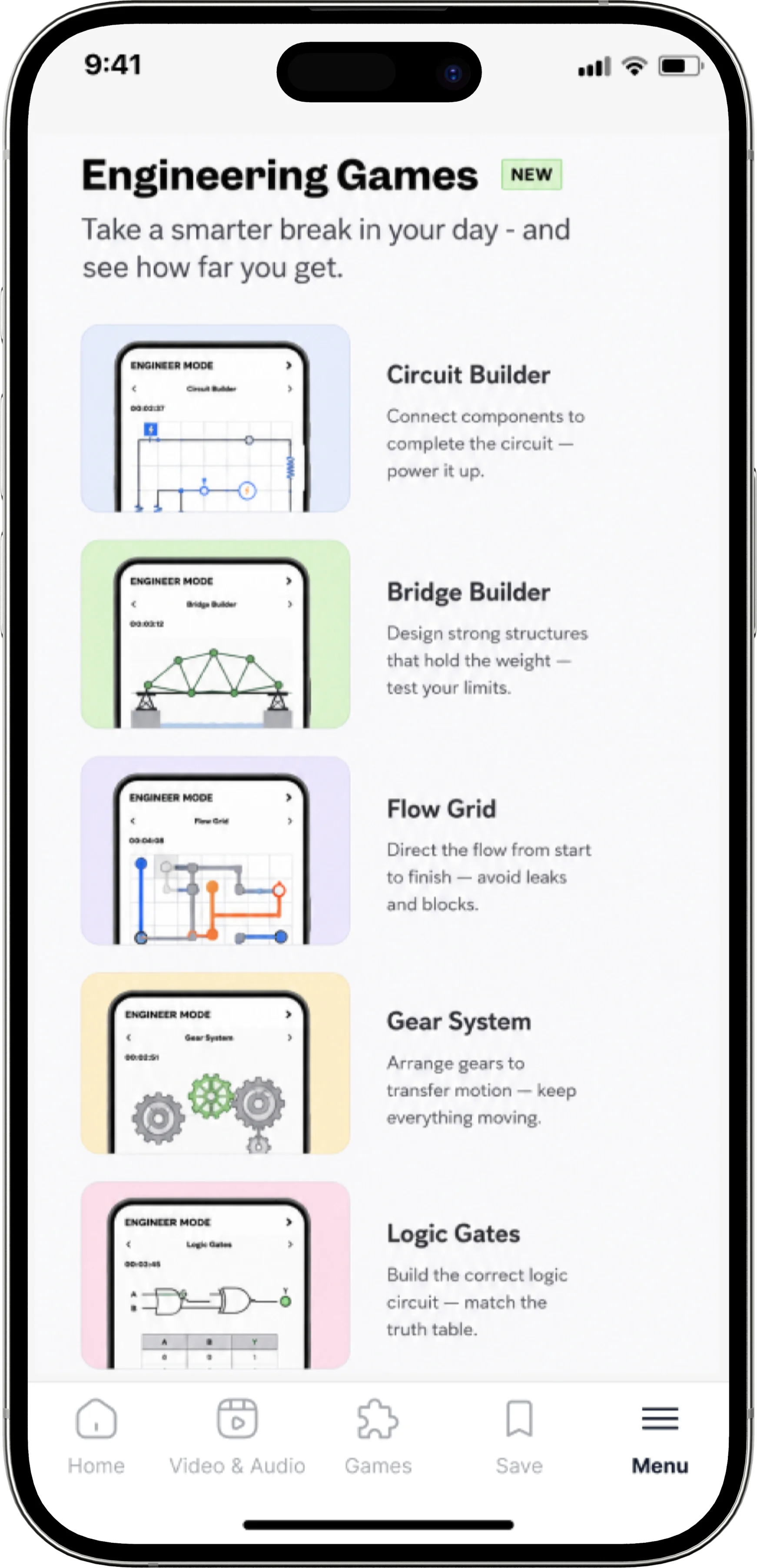 A concept engineering games section inside the IE App