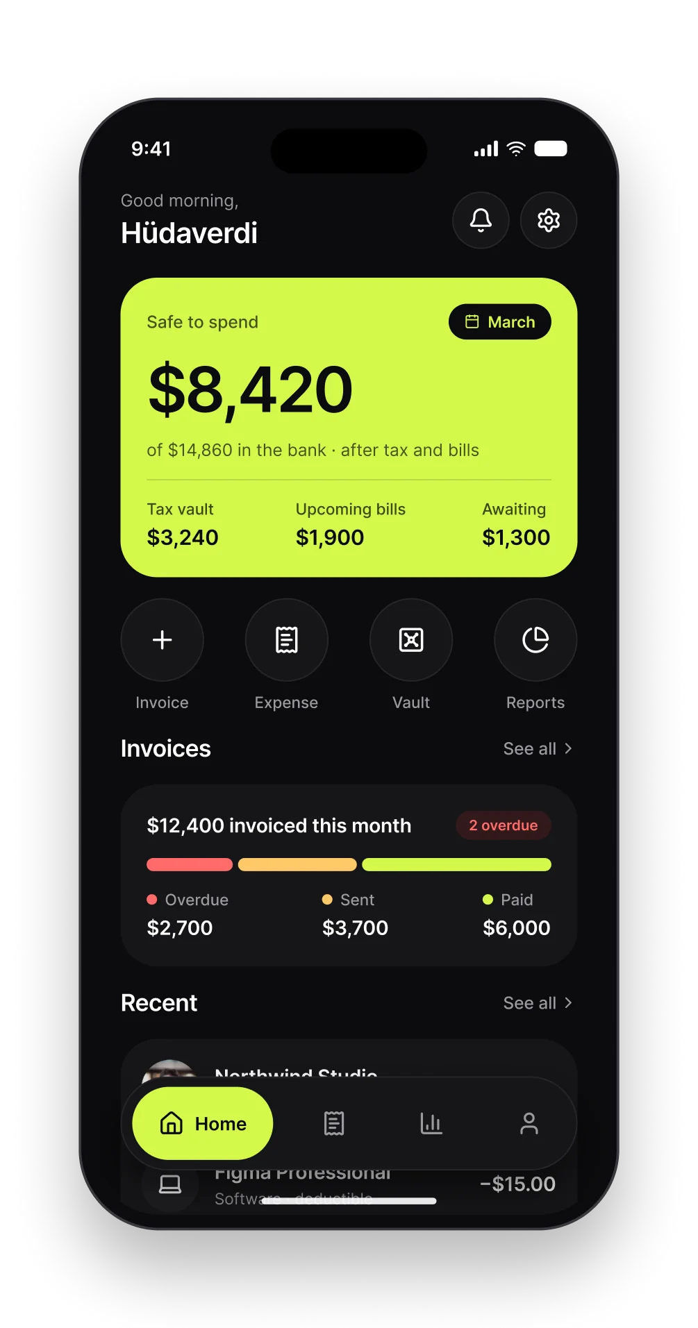 The Ledger home screen with the safe-to-spend amount on a lime card, quick actions and the invoice pipeline