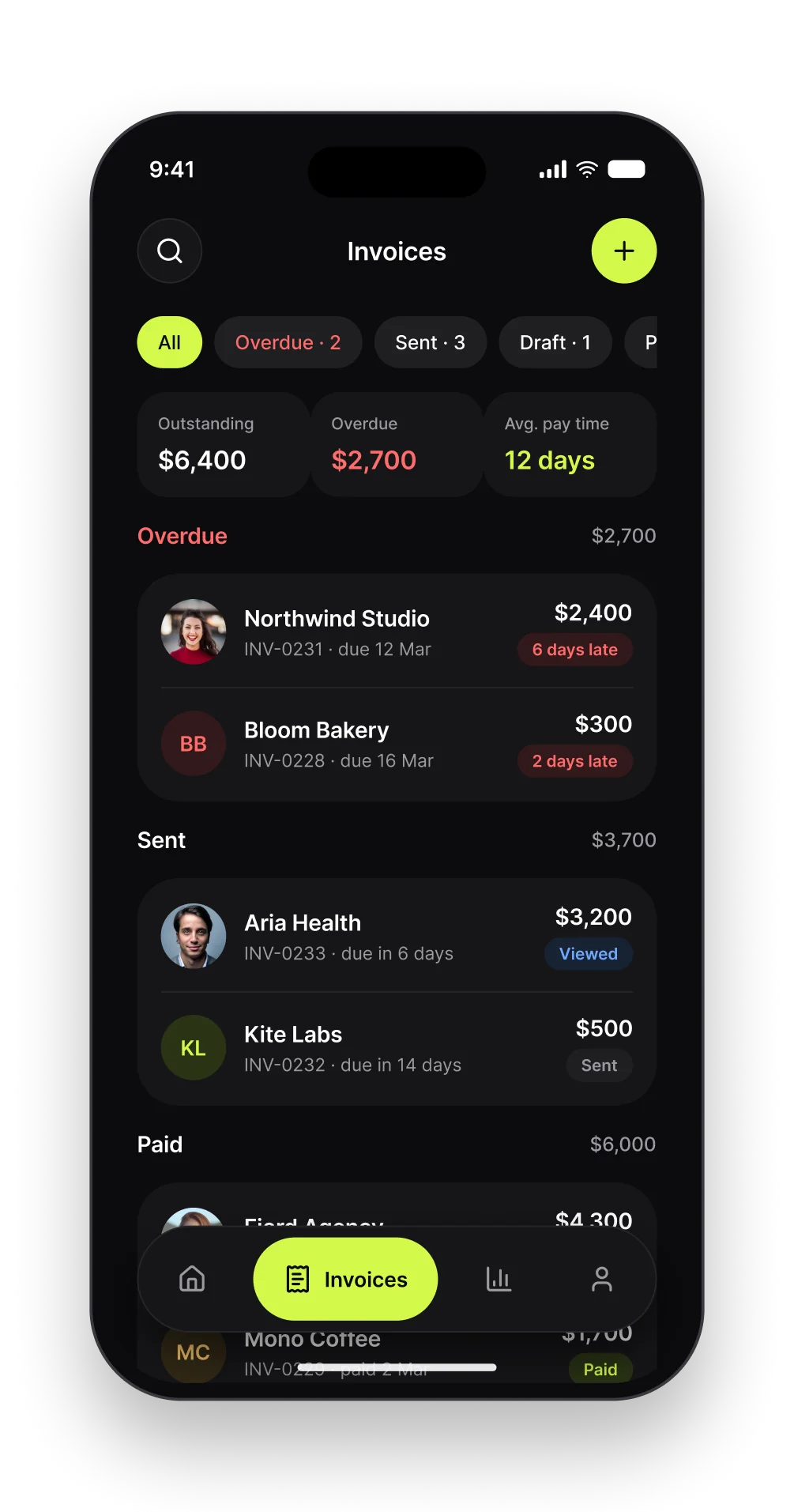 The Ledger invoices screen with invoices grouped as overdue, sent and paid
