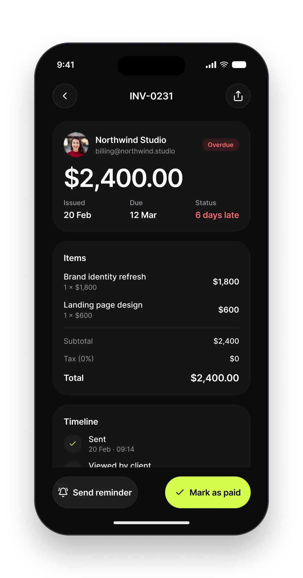The Ledger invoice detail screen with line items, totals and a timeline