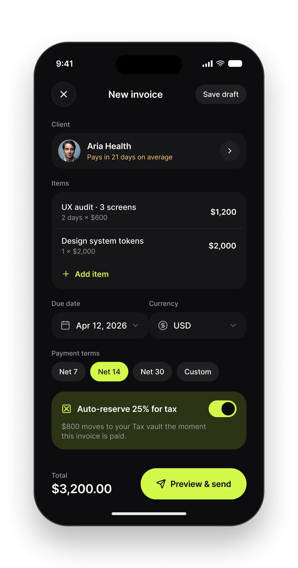The Ledger new invoice screen with client, items, payment terms and the auto-reserve toggle