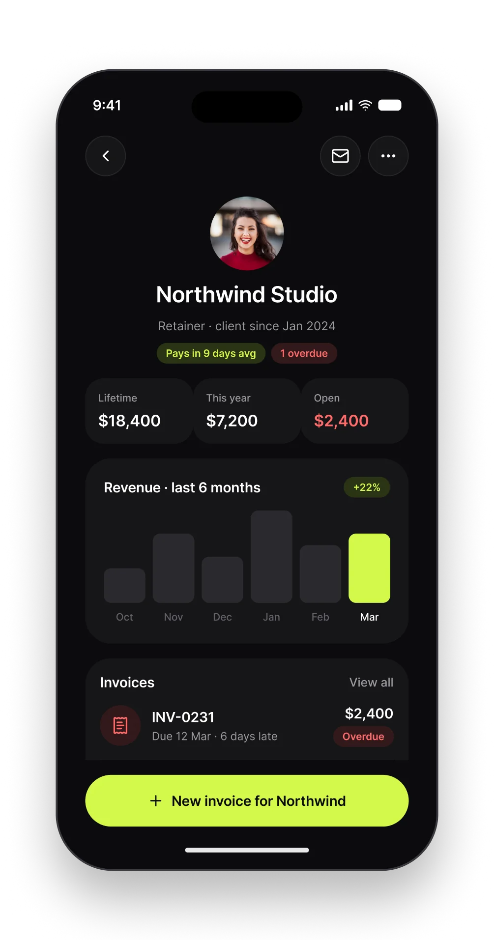The Ledger client detail screen with revenue tiles, a six-month chart and the client’s invoices