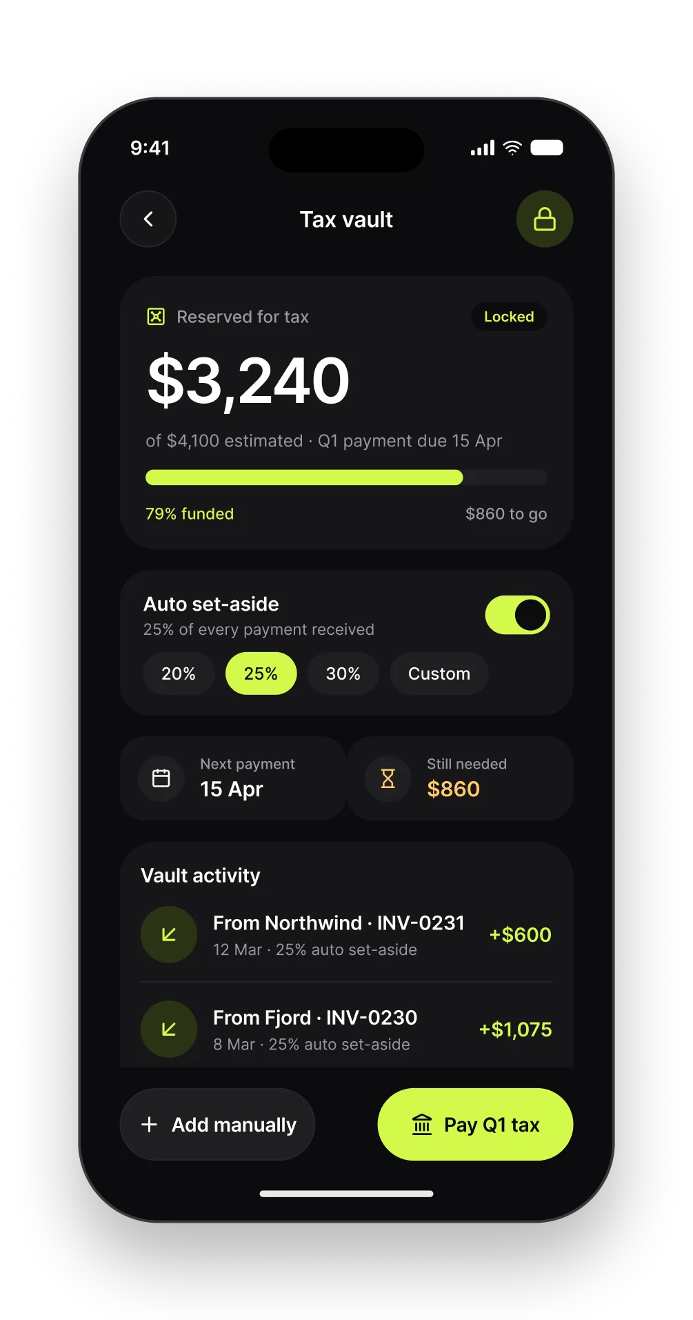 The Ledger tax vault screen with the reserved amount, a progress bar and the auto set-aside rule