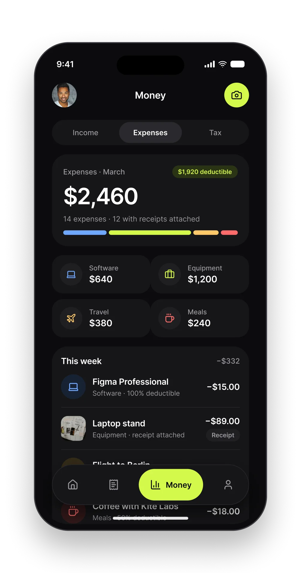 The Ledger expenses screen with category tiles and an expense list