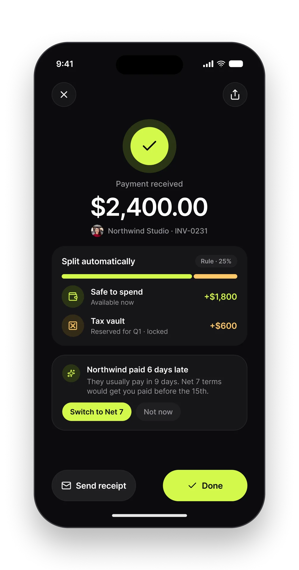 The Ledger payment received screen with the automatic split and a suggestion to shorten payment terms