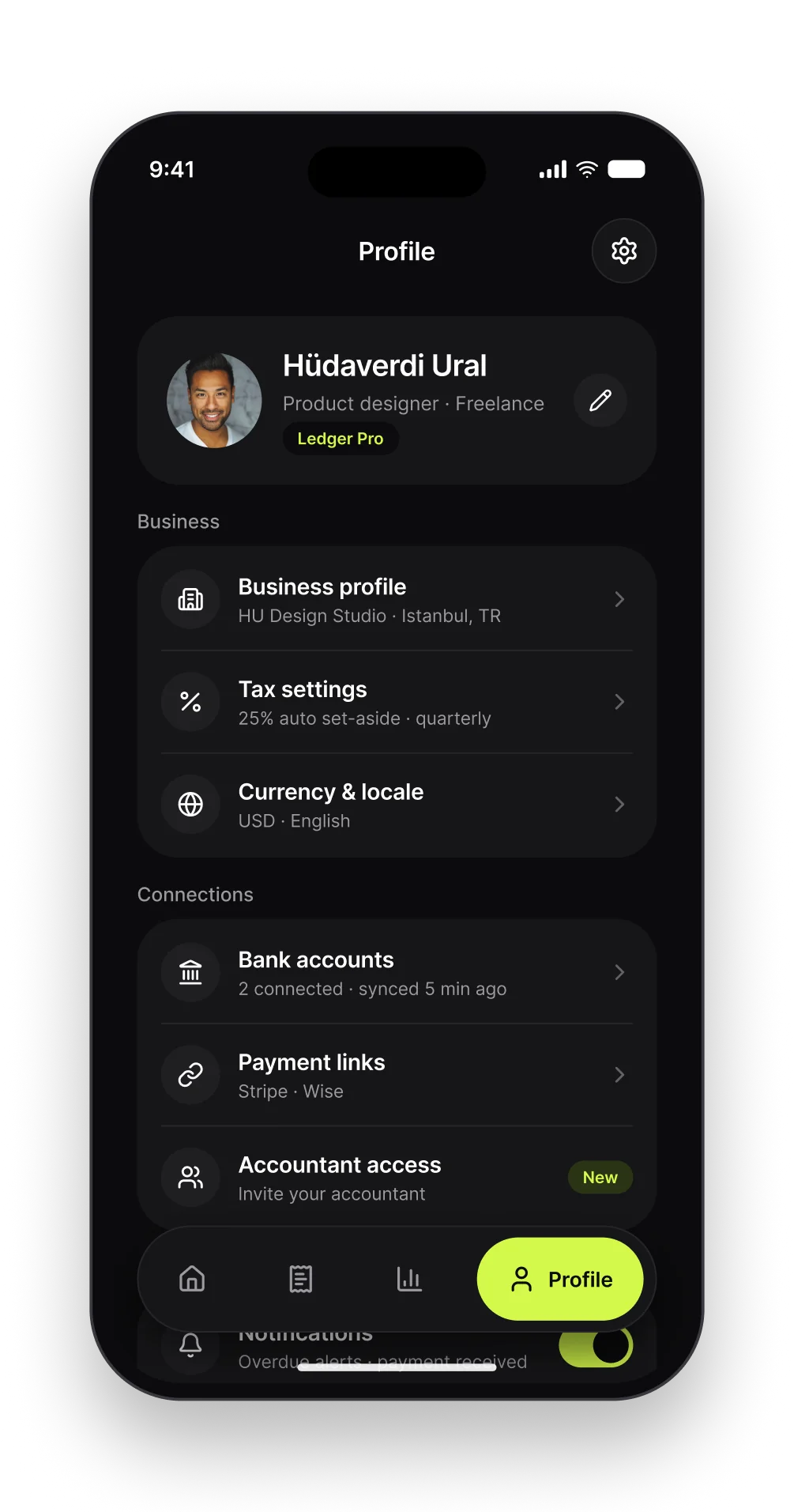 The Ledger profile screen with business, connections and app settings