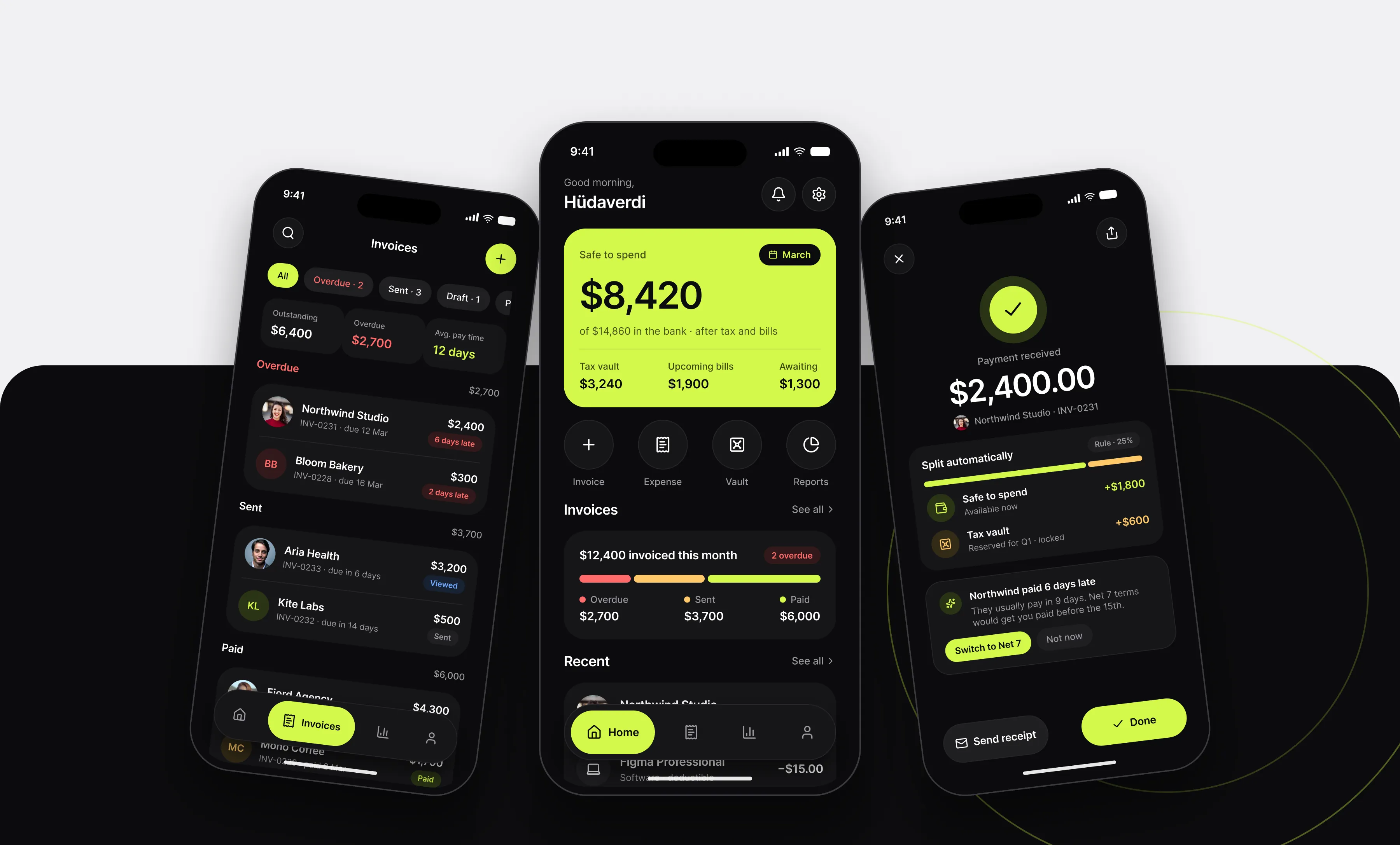 The Ledger app on three phones: the invoice list, the safe-to-spend home screen and a received payment