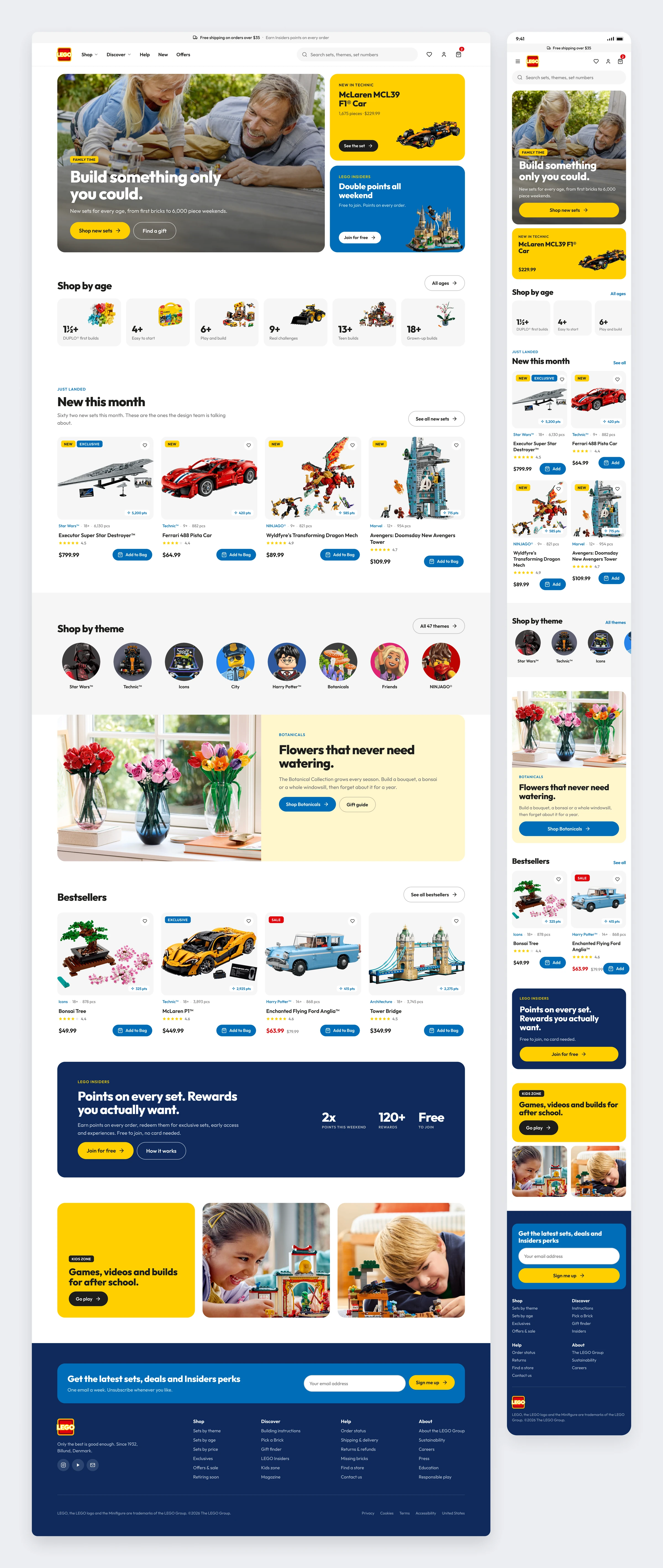 The LEGO.com home page on desktop and mobile, with a family photo hero, two offers, age cards and new sets