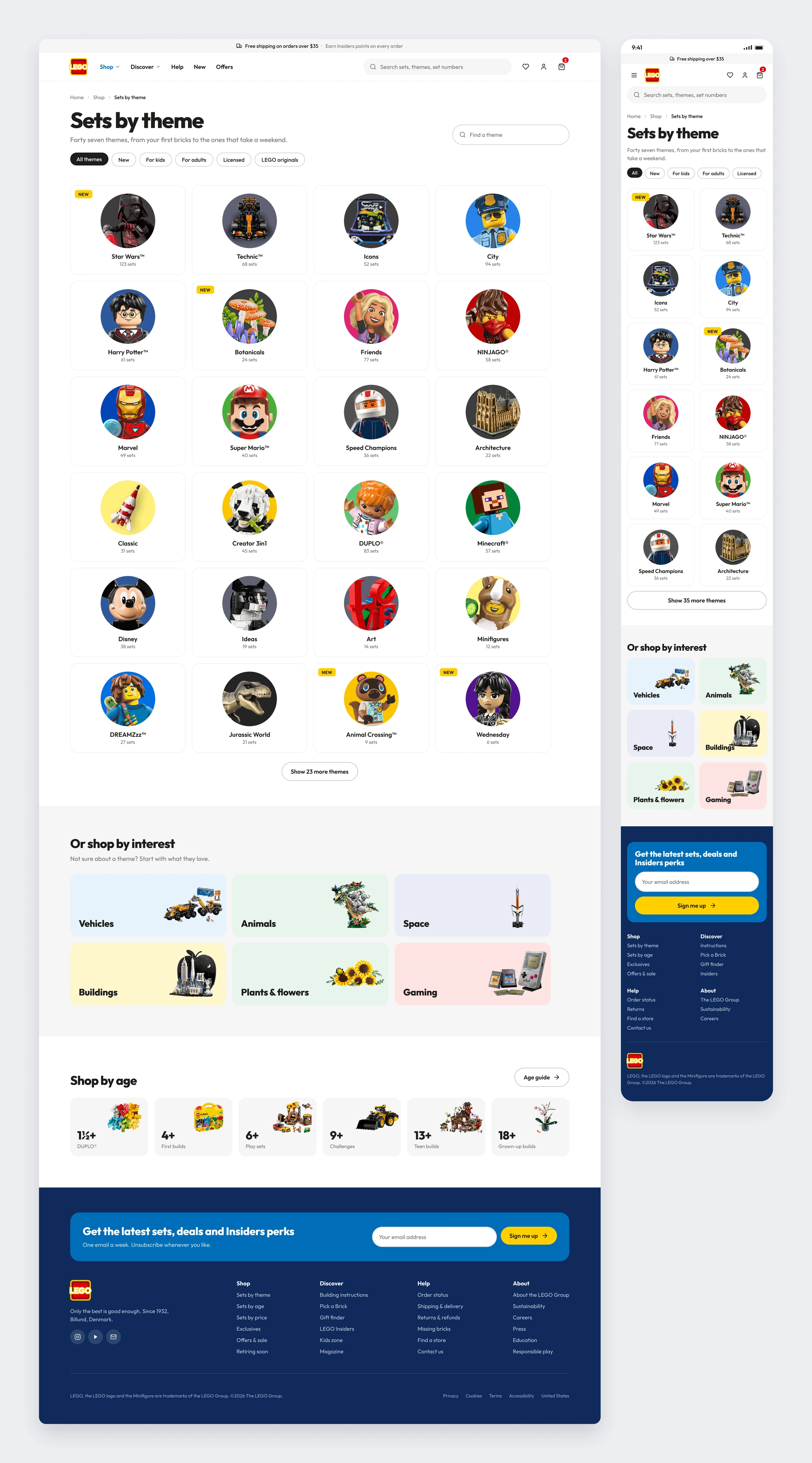 The sets by theme page with round theme tiles, interest shortcuts and age filters on desktop and mobile