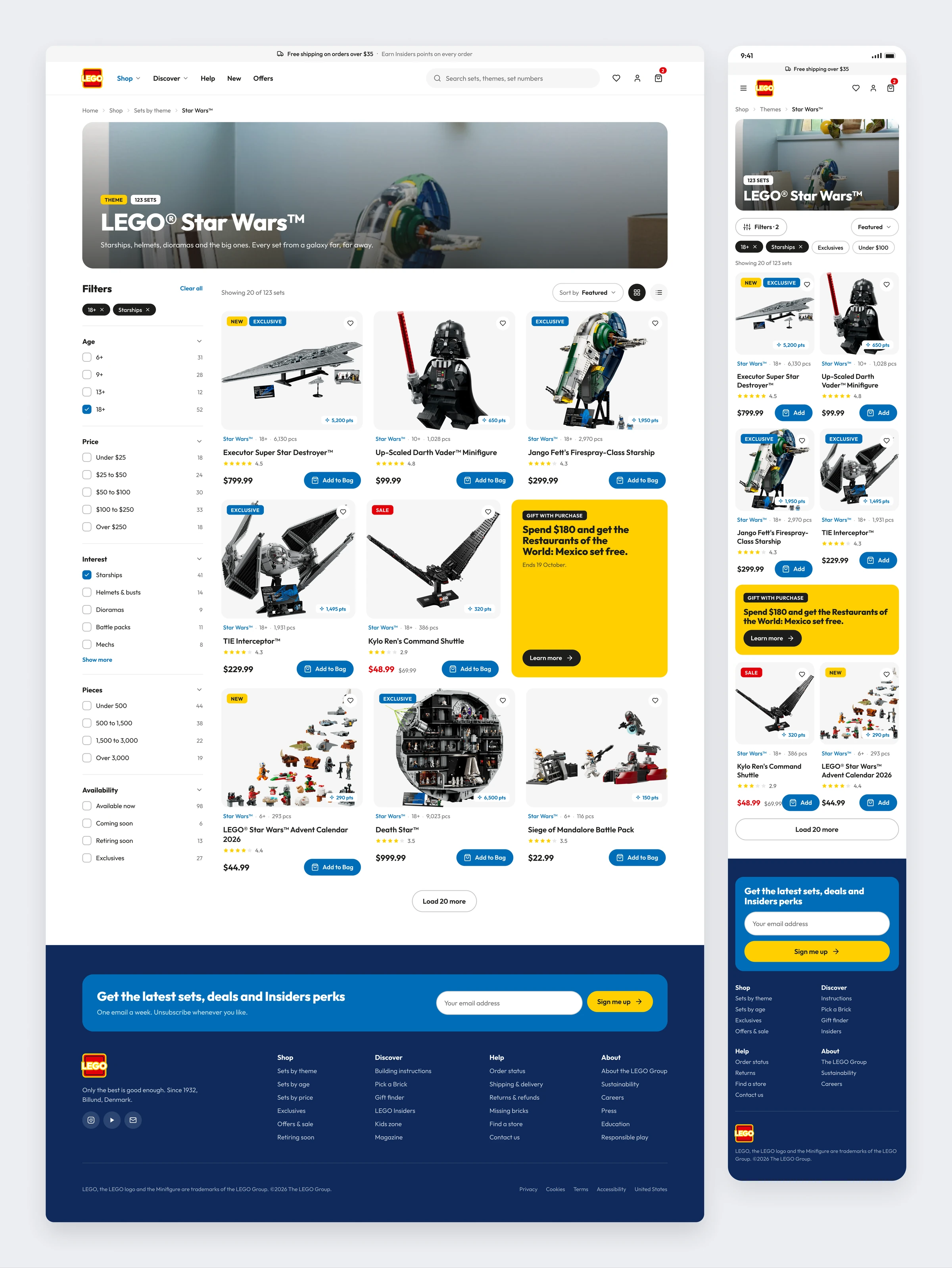 The LEGO Star Wars listing with filters on the left, active filter chips and a grid of sets with a gift promo card