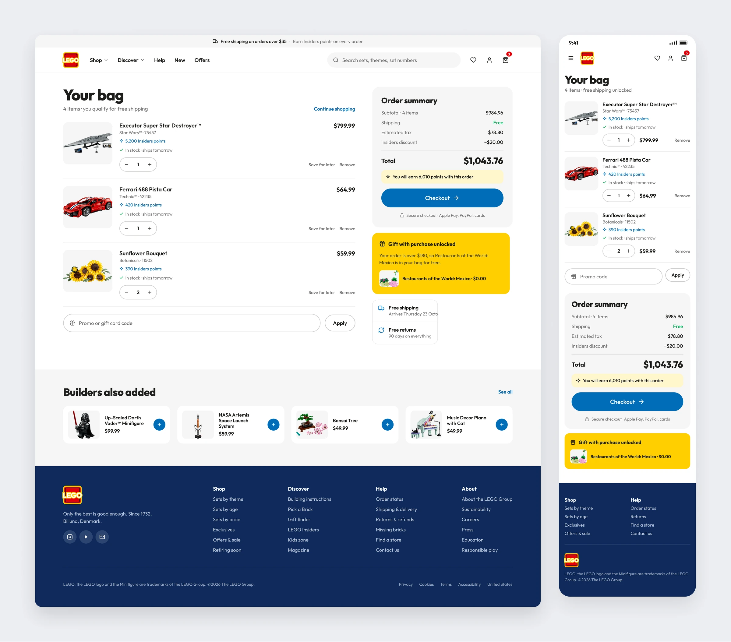 The LEGO.com bag with Insiders points on each line, a gift with purchase and an order summary