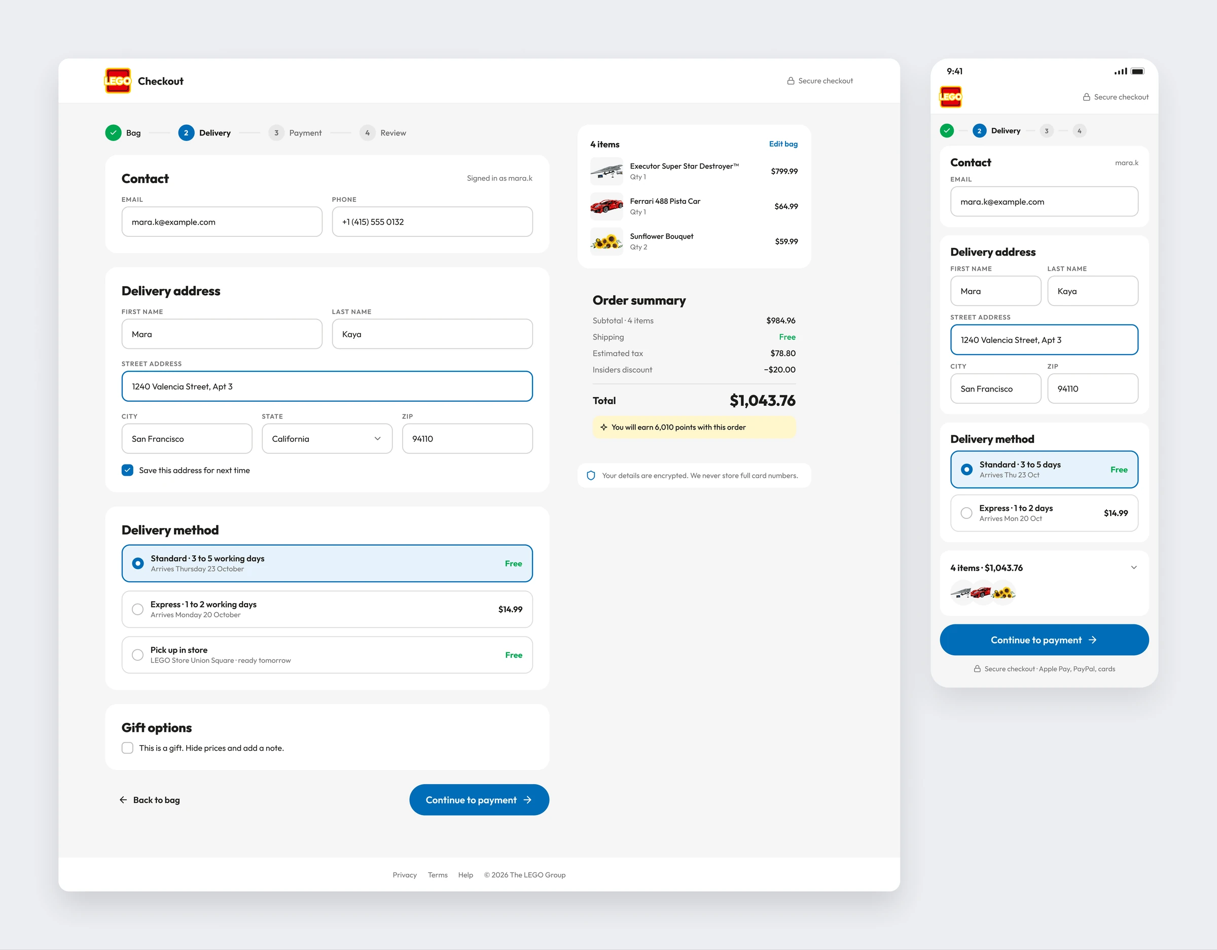The one page checkout with contact, address, delivery and gift options in one column and the order summary on the right