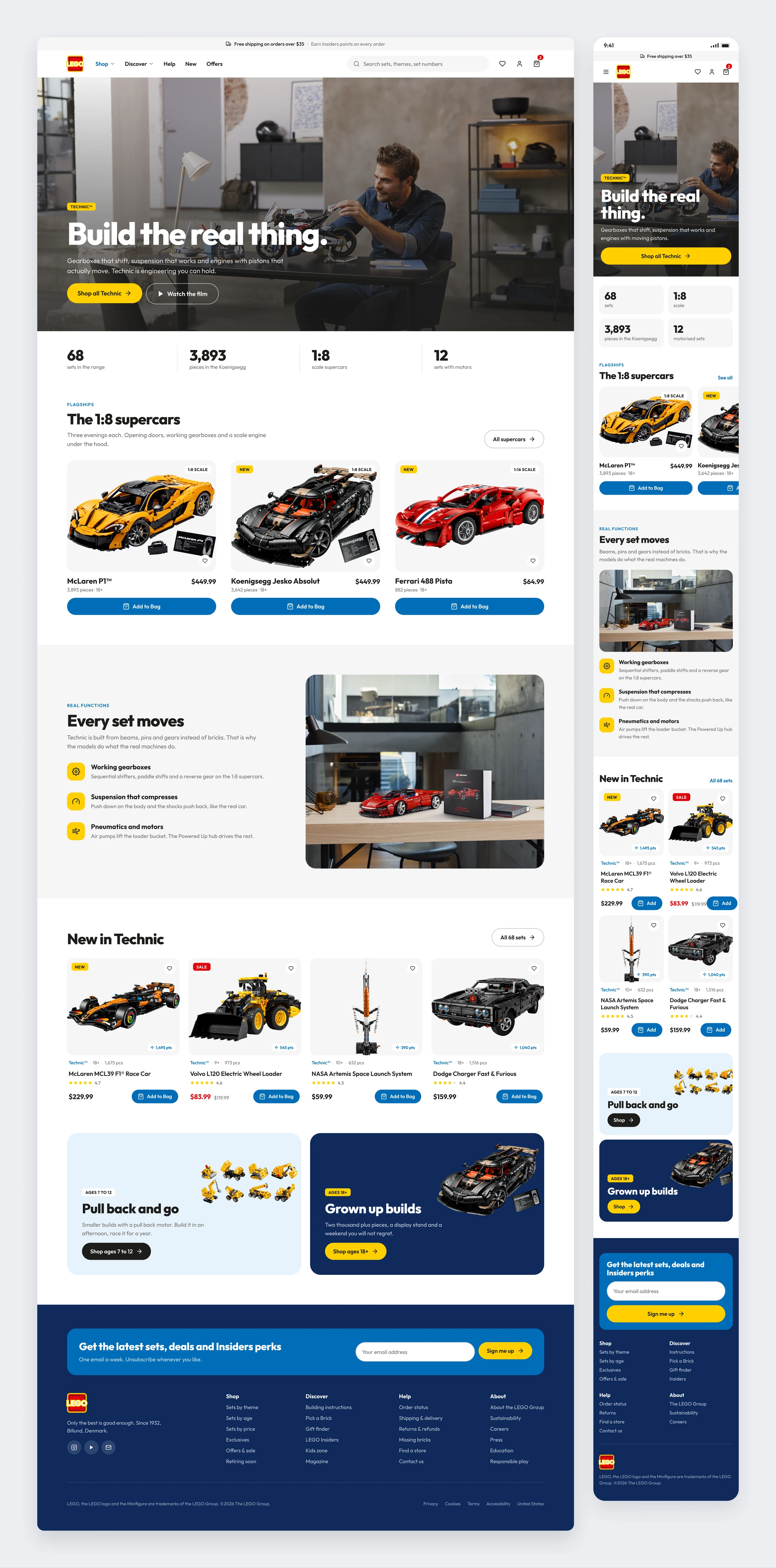 The LEGO Technic landing page with a dark photo hero, the 1:8 supercars and a section on moving functions