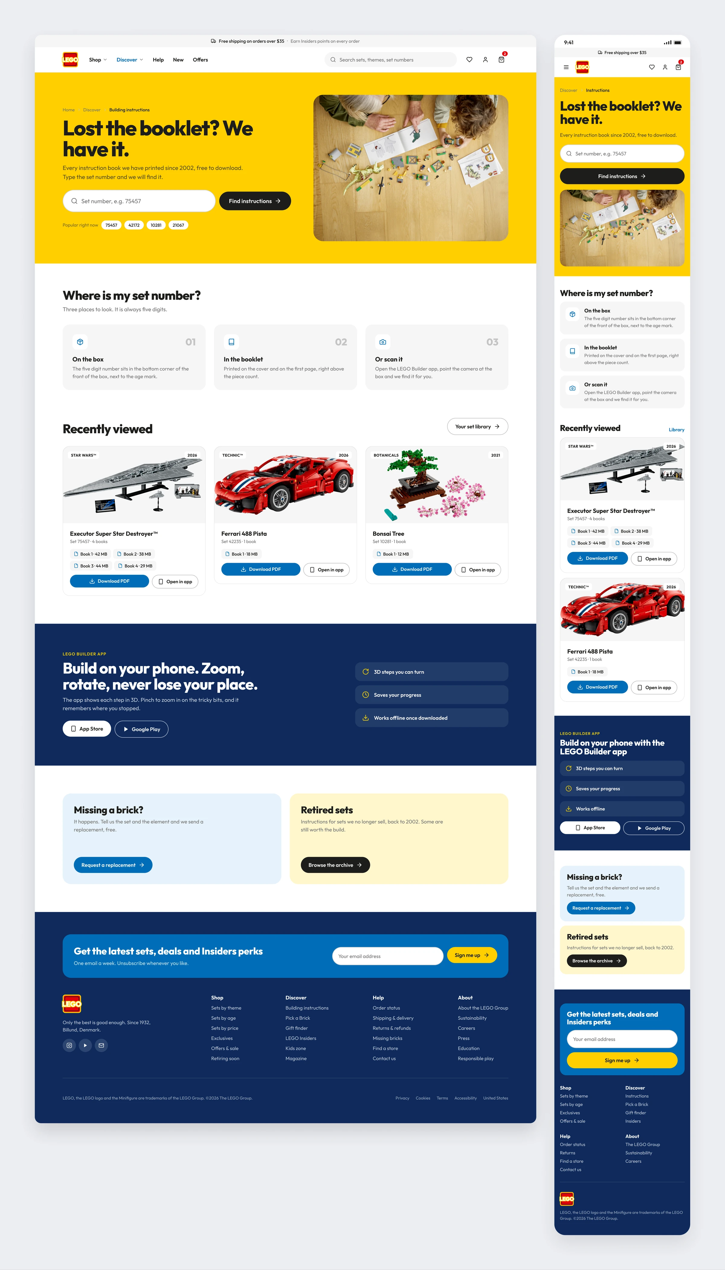 The building instructions page with a yellow search hero, a guide to finding the set number and recently viewed sets
