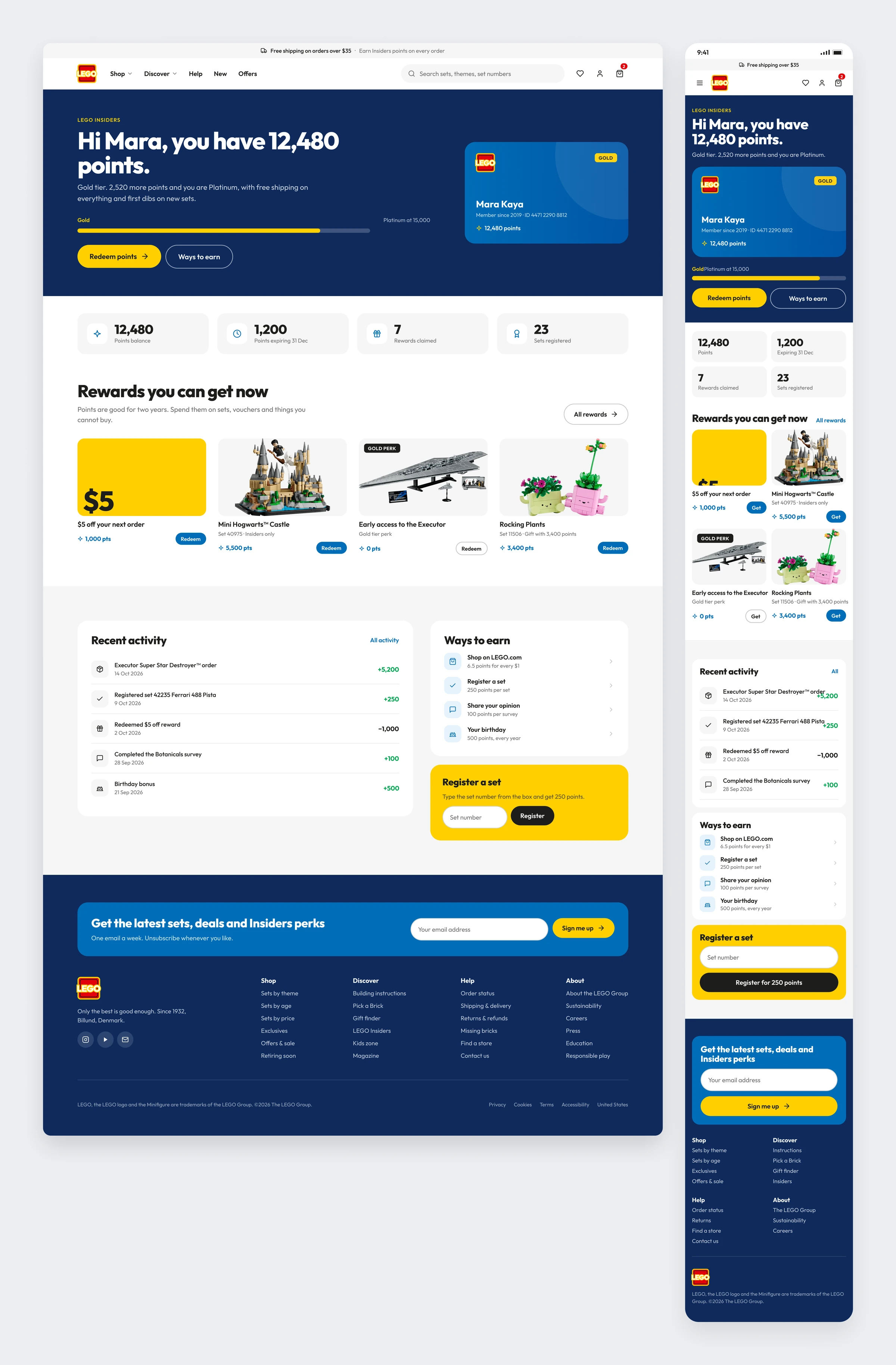 The LEGO Insiders dashboard with a points balance, tier progress and rewards you can claim now