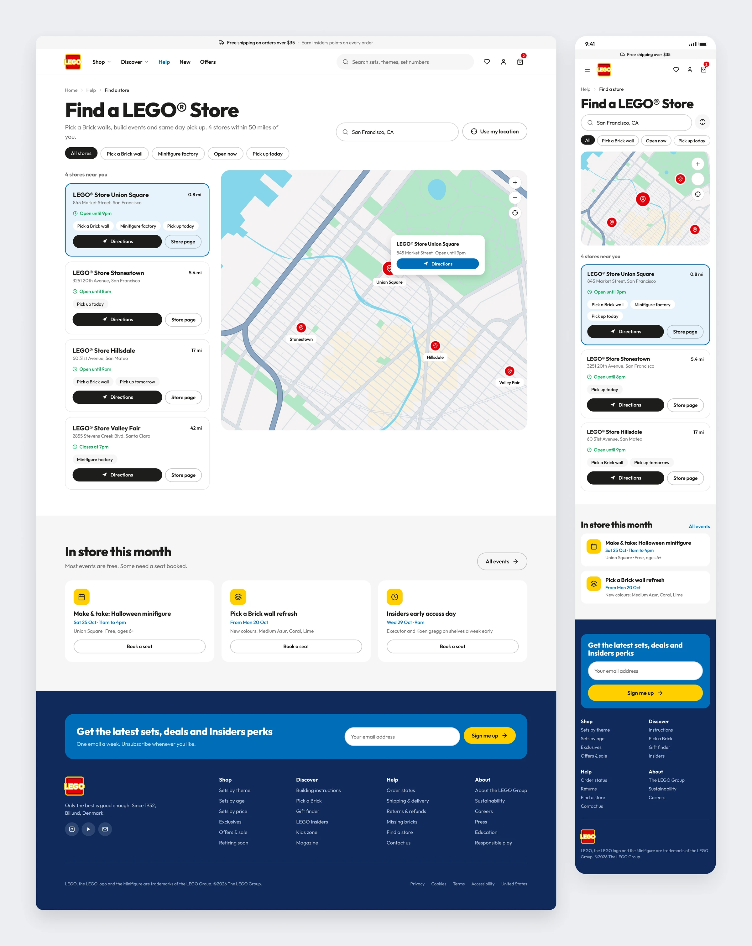 The store finder with a list of LEGO Stores on the left, a map on the right and the month’s in store events below
