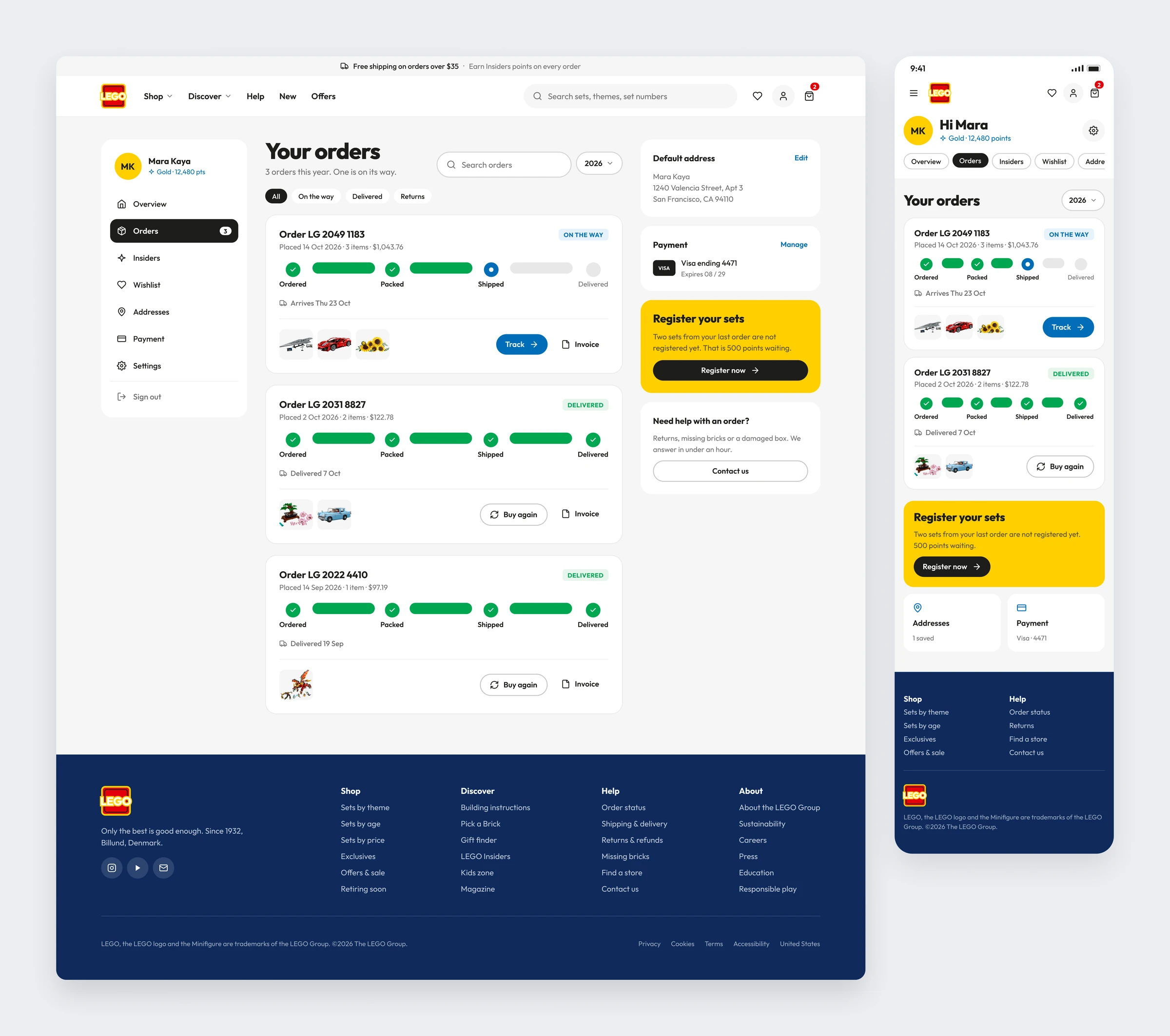 The account page with orders and a four step tracker, plus saved addresses and payment on the side