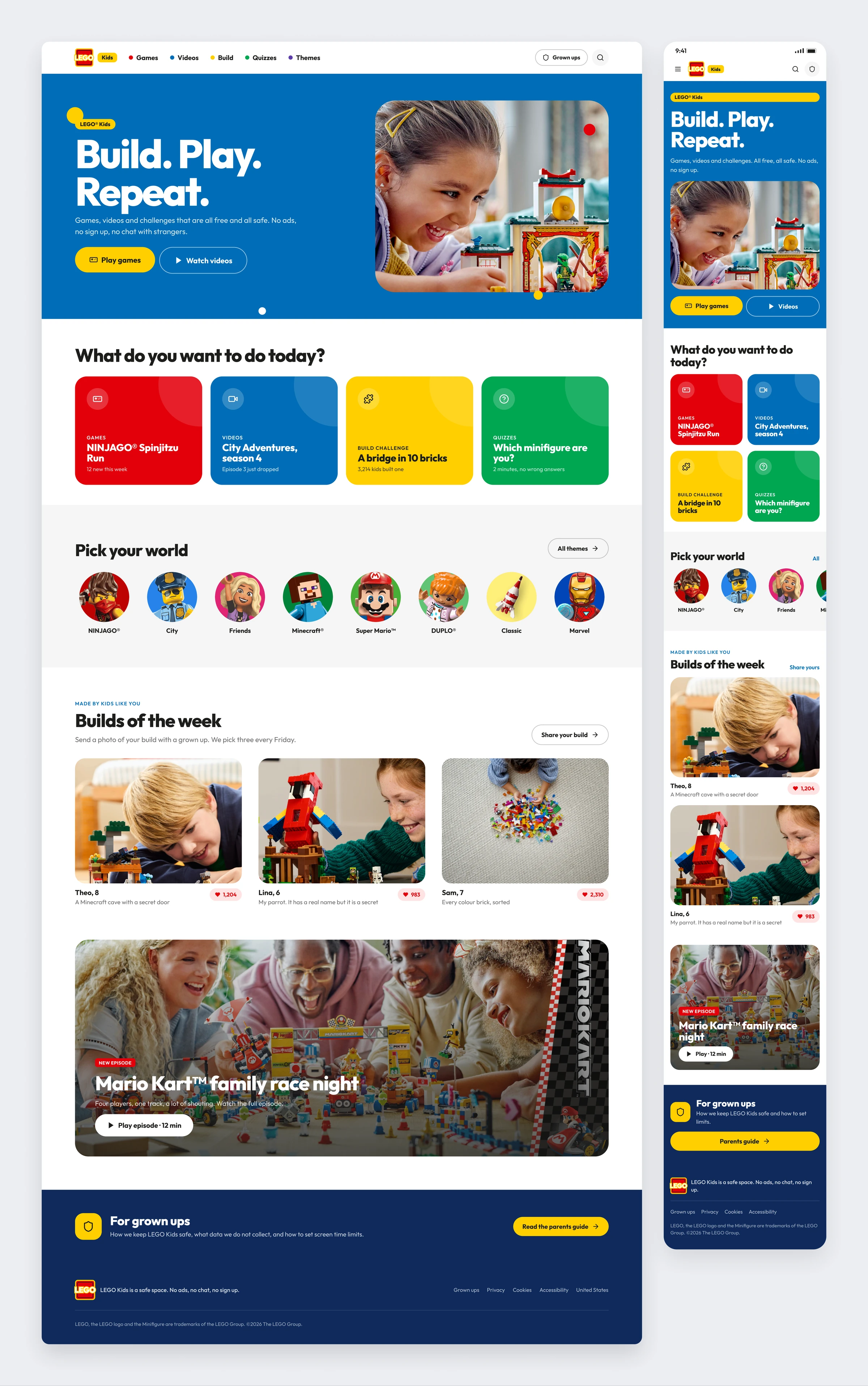 The kids zone with big colourful activity cards, a row of themes and builds of the week