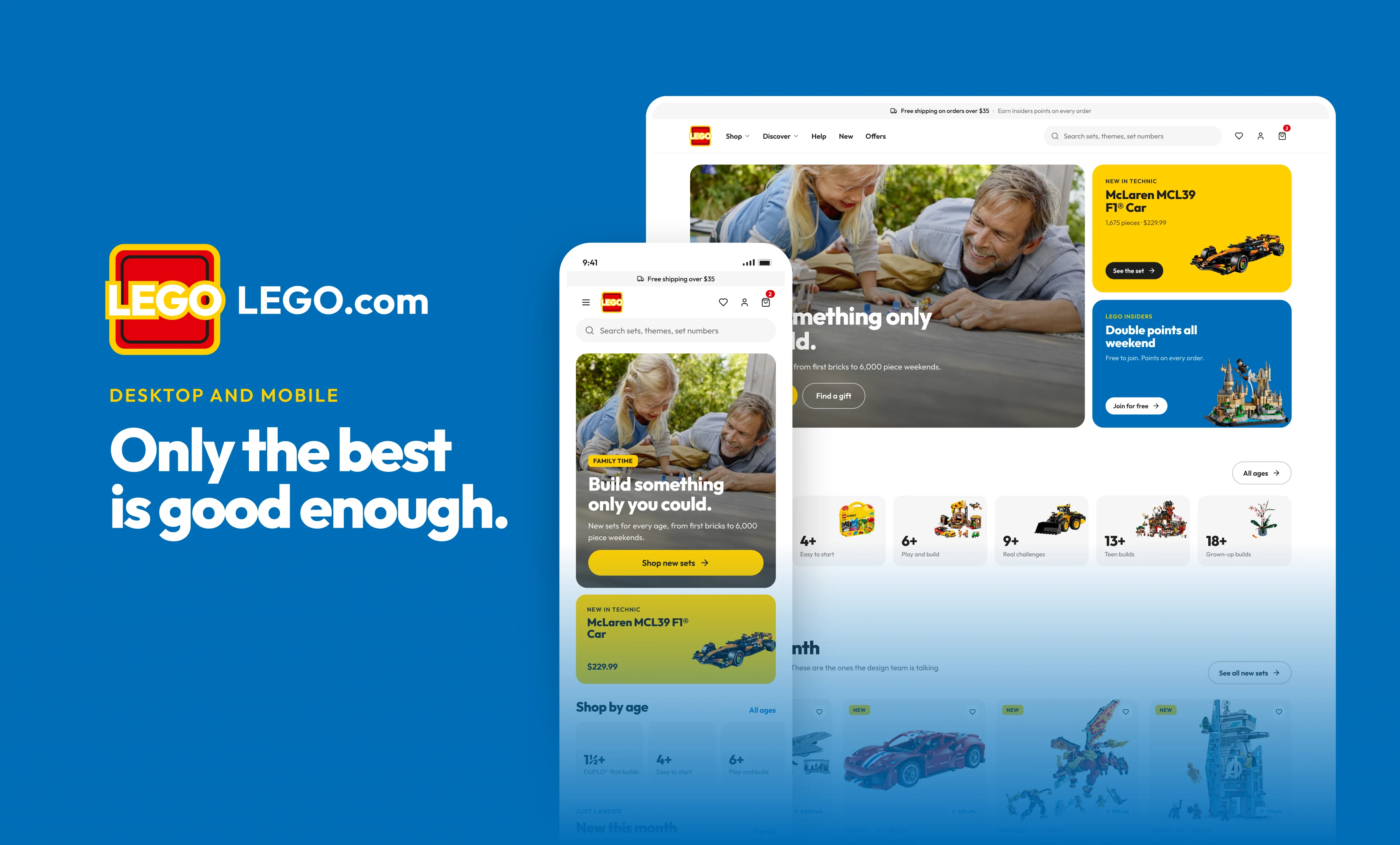 The LEGO.com redesign on a phone and a desktop screen, both showing the new home page