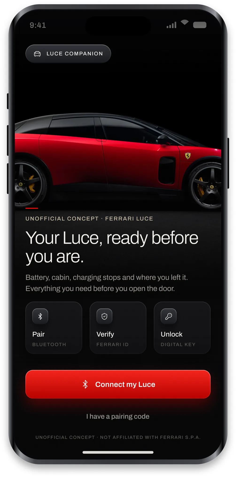 The Luce onboarding screen with the car, three pairing steps and the Connect my Luce button