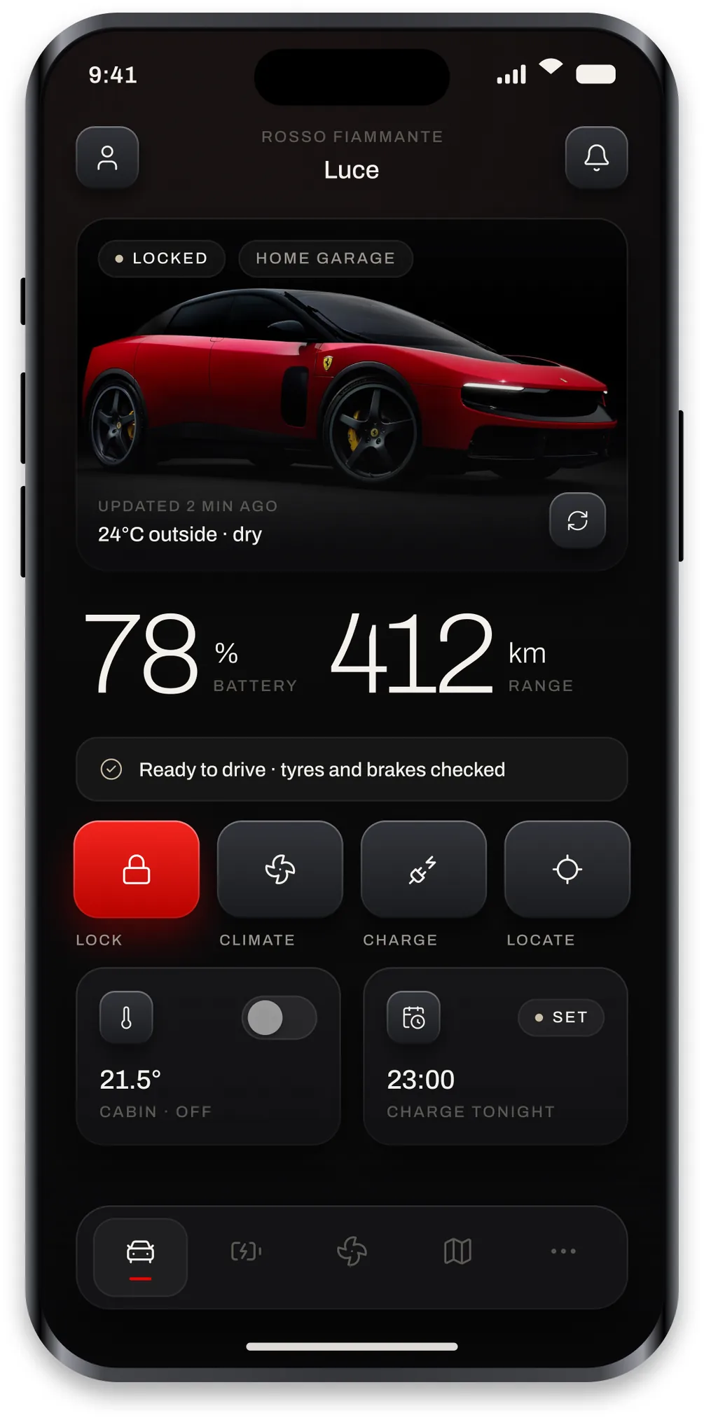 The Luce vehicle overview screen showing the car, battery, range and four quick actions