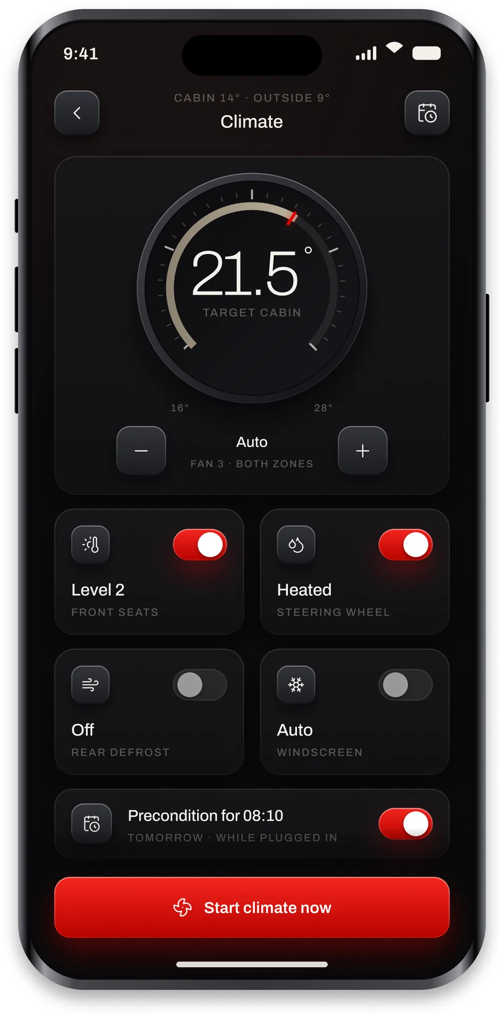 The Luce remote climate screen with a temperature dial and separate seat, wheel and glass controls