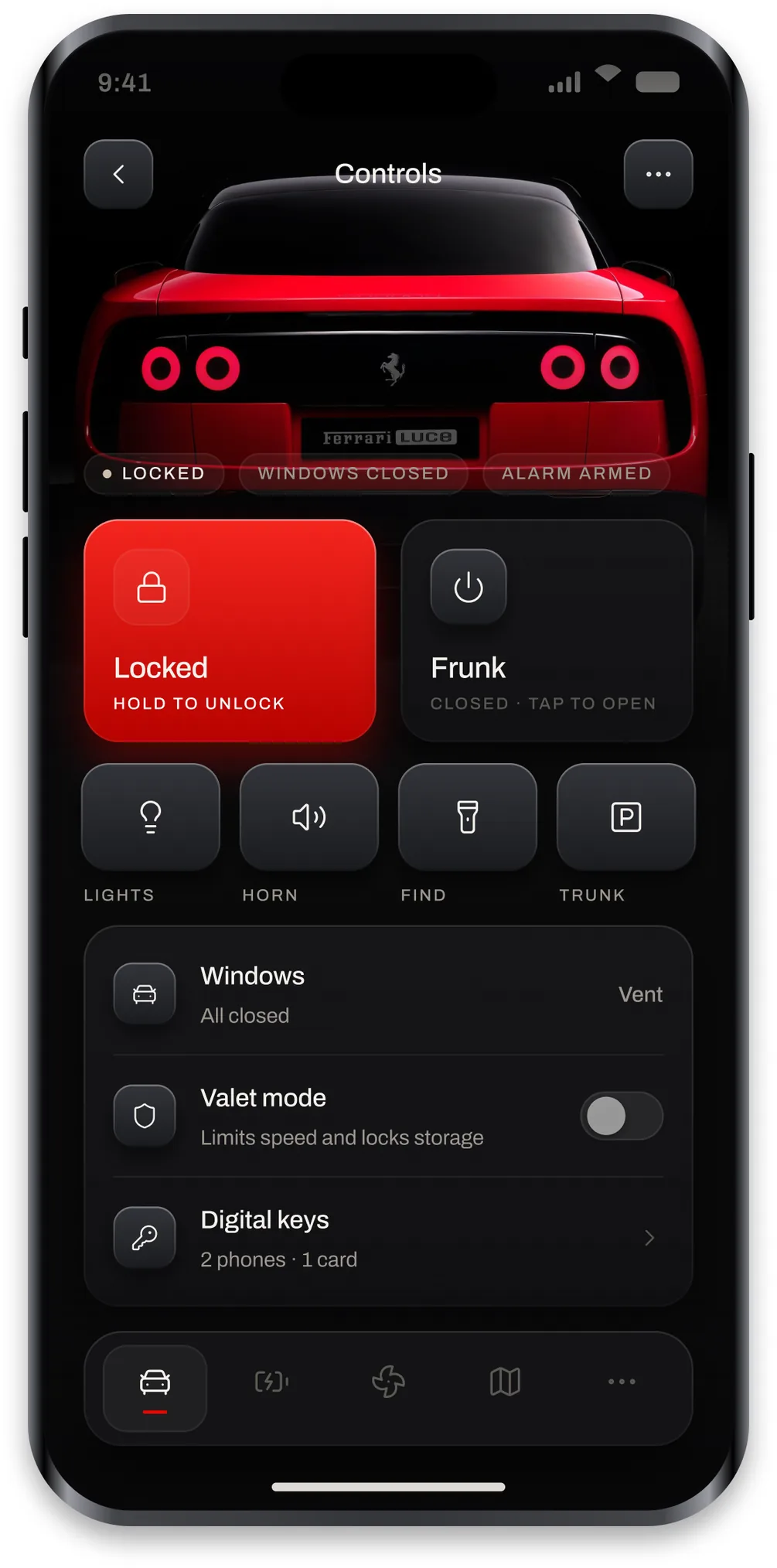 The Luce lock and controls screen with the red lock tile and aluminium switch boxes