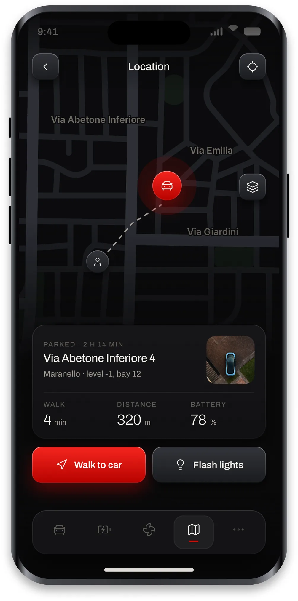 The Luce vehicle location screen with a dark street map, the car pin and the walk to it