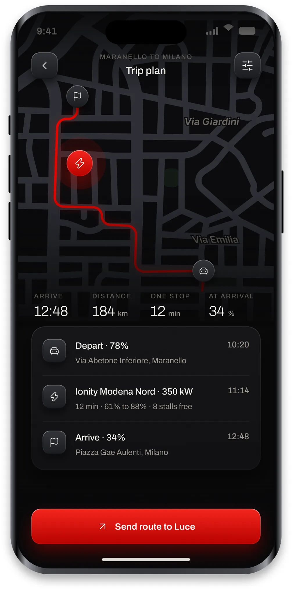 The Luce route screen with a red route following real roads and one charging stop