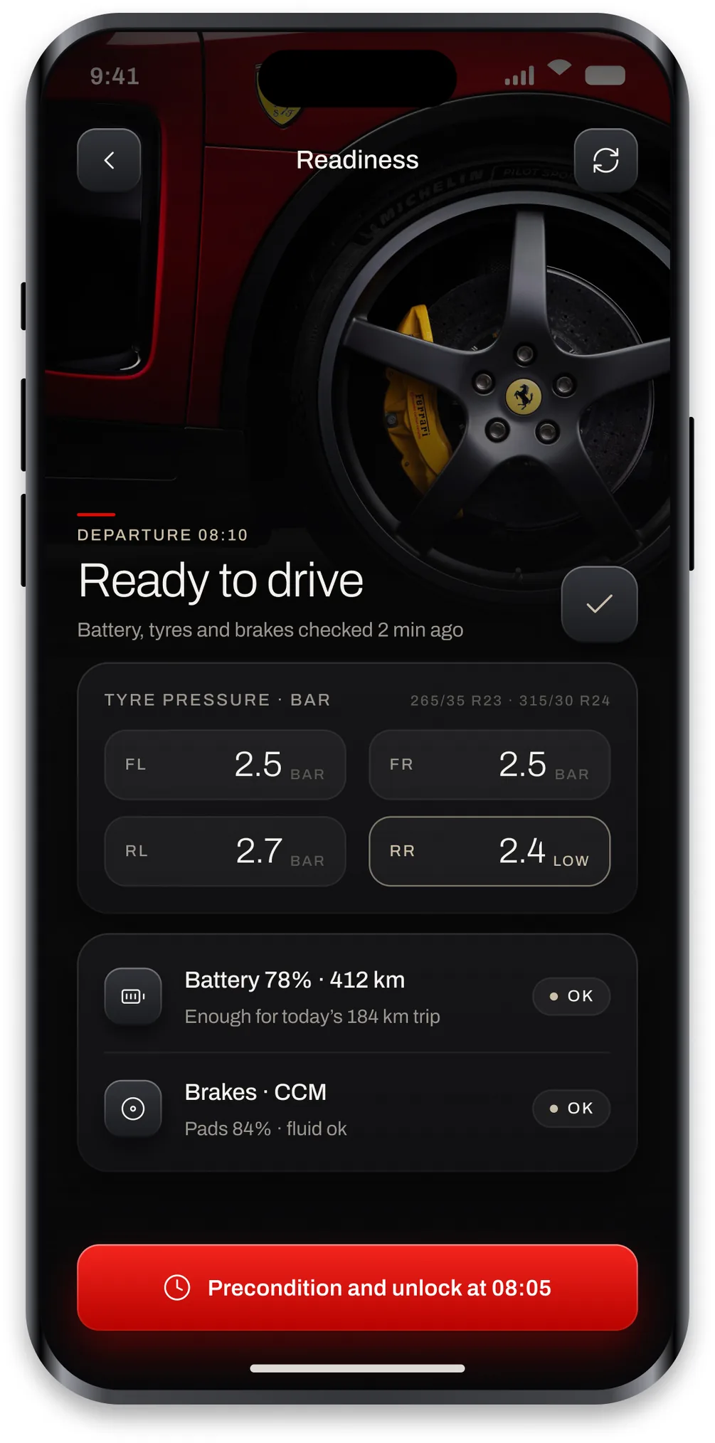 The Luce drive readiness screen with tyre pressures, battery and brake checks