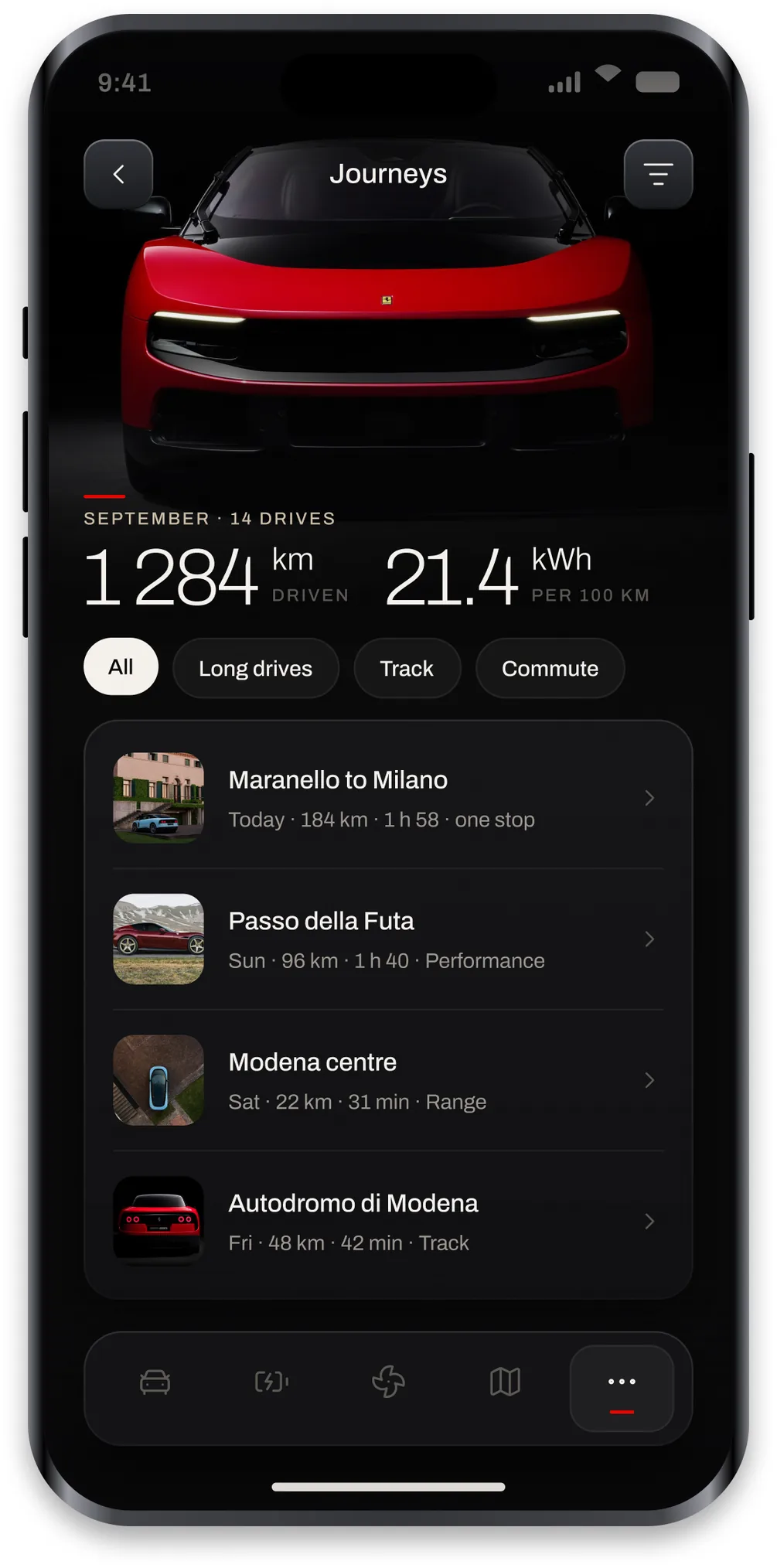 The Luce journey history screen listing the month of drives with distance and energy