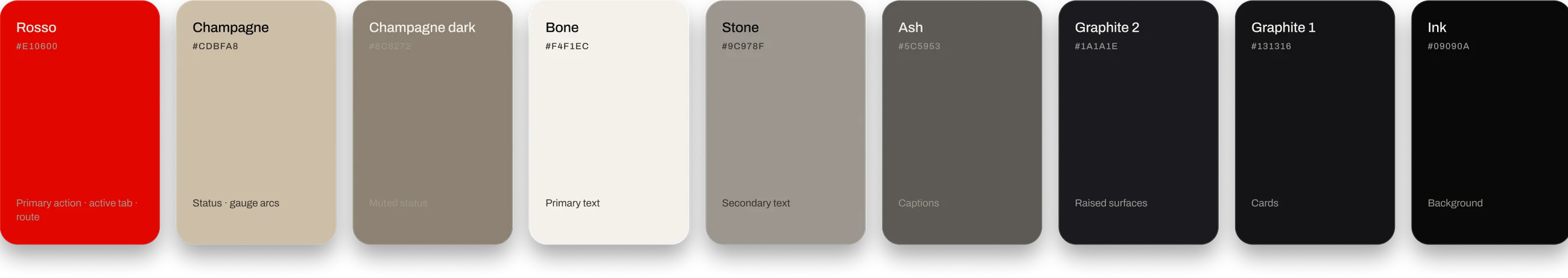 The Luce colour palette: Rosso, two champagne tones, bone, stone, ash and three graphite surfaces