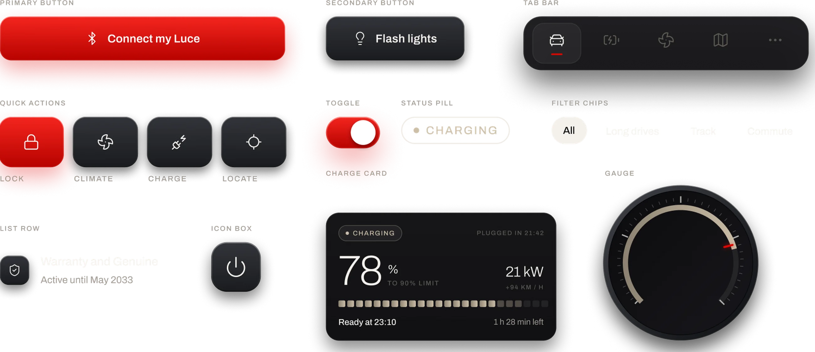 The Luce components: buttons, tab bar, quick action tiles, toggle, status pill, filter chips, list row, icon box, charge card and gauge